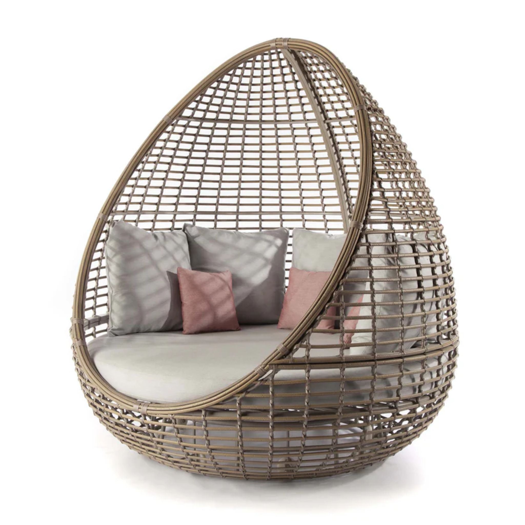 Skyline Design Faber outdoor swivel daybed with Sunbrella cushions, featuring a modern design and plush seating for outdoor relaxation.