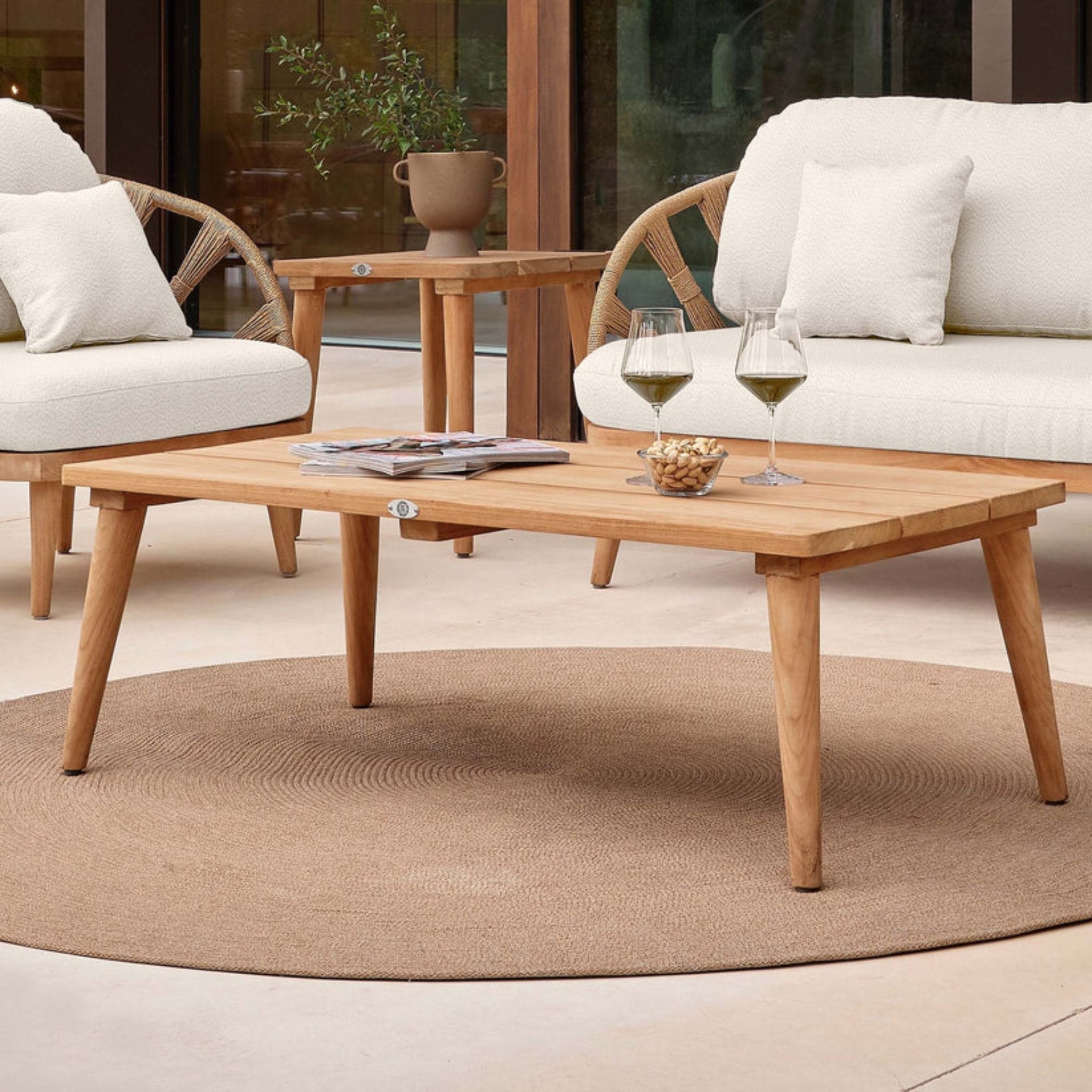 Skyline Design Krabi 7-piece outdoor lounge set with sofas, chairs, and tables in teak wood for stylish outdoor seating