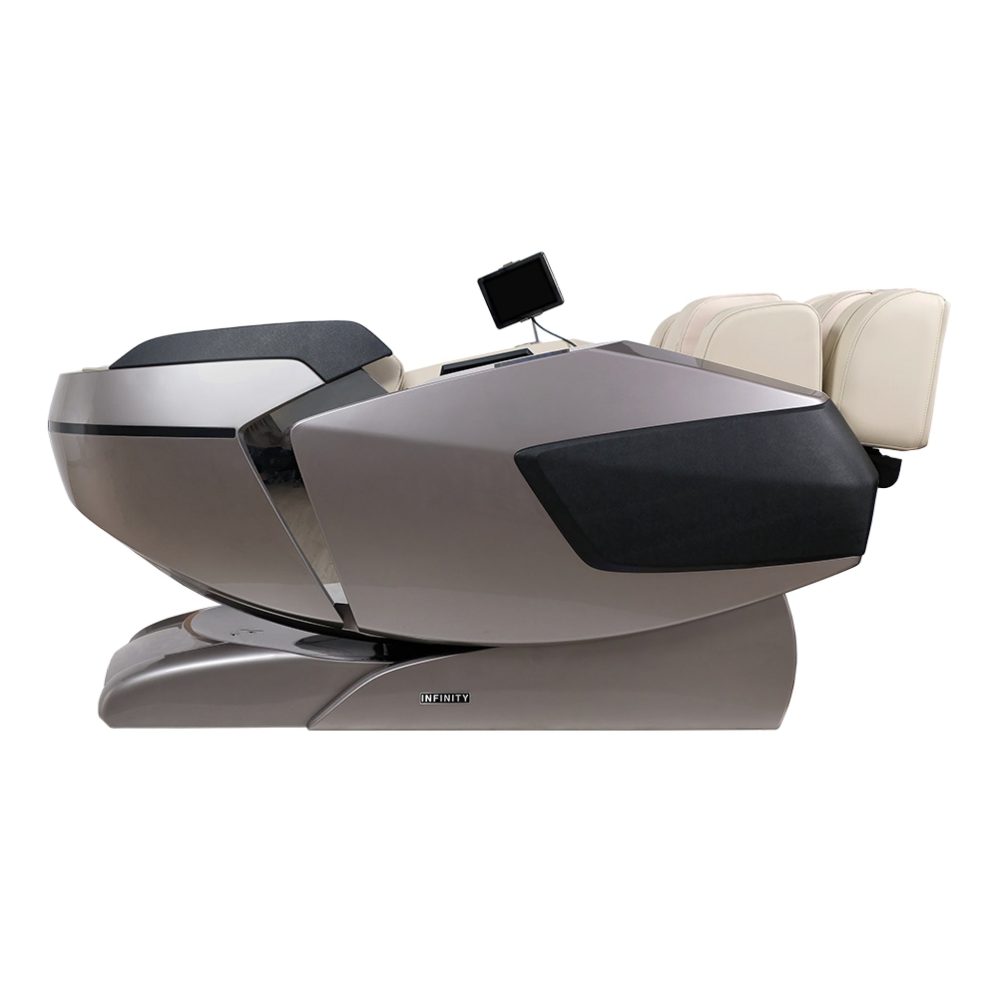 Infinity Imperial Syner-D massage chair showing plush leather upholstery, full-body design, and control panel for luxury zero gravity massage.
