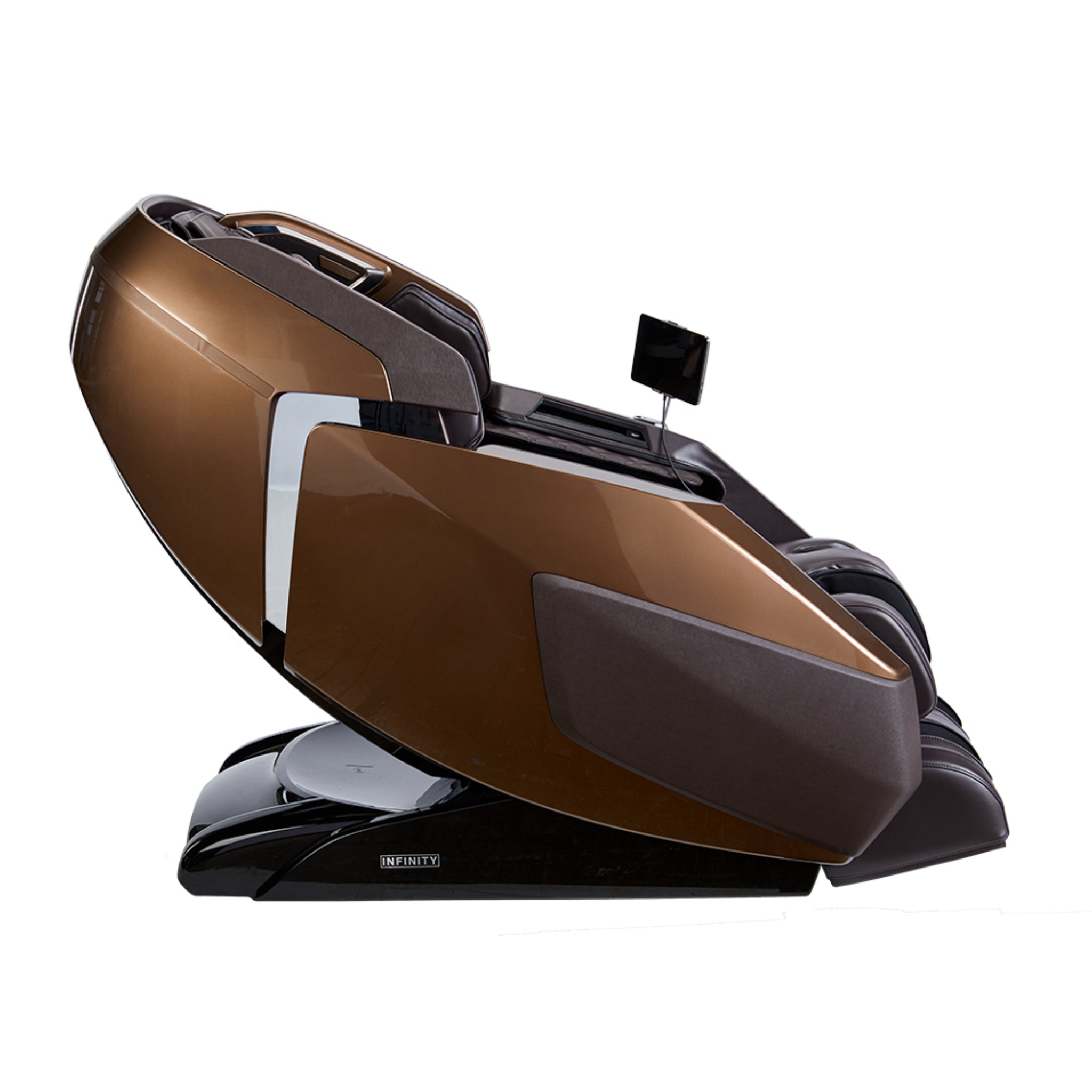 Infinity Imperial Syner-D massage chair with full-body design, plush cushions, and control panel in a modern luxury massage chair.