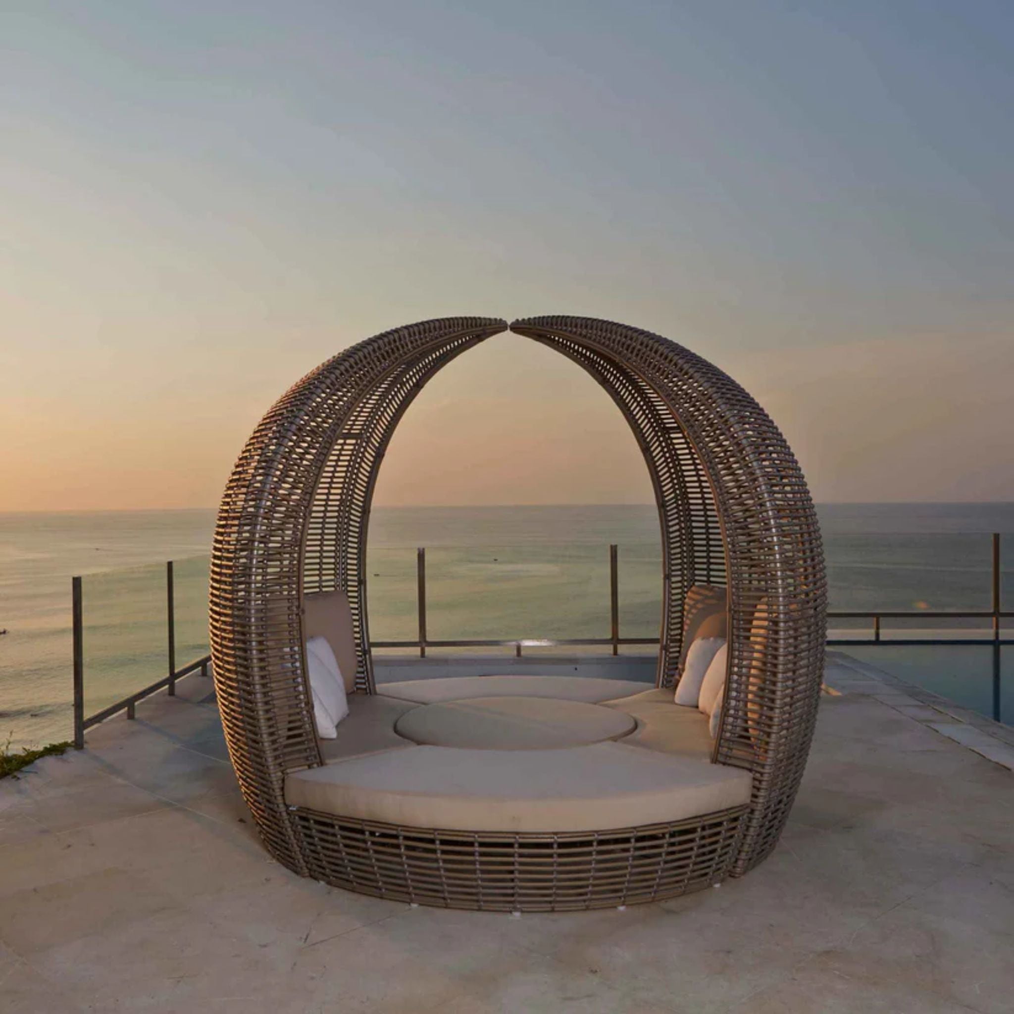 Skyline Design Halo outdoor daybed set with cushions, featuring a modern frame and plush seating for outdoor relaxation.