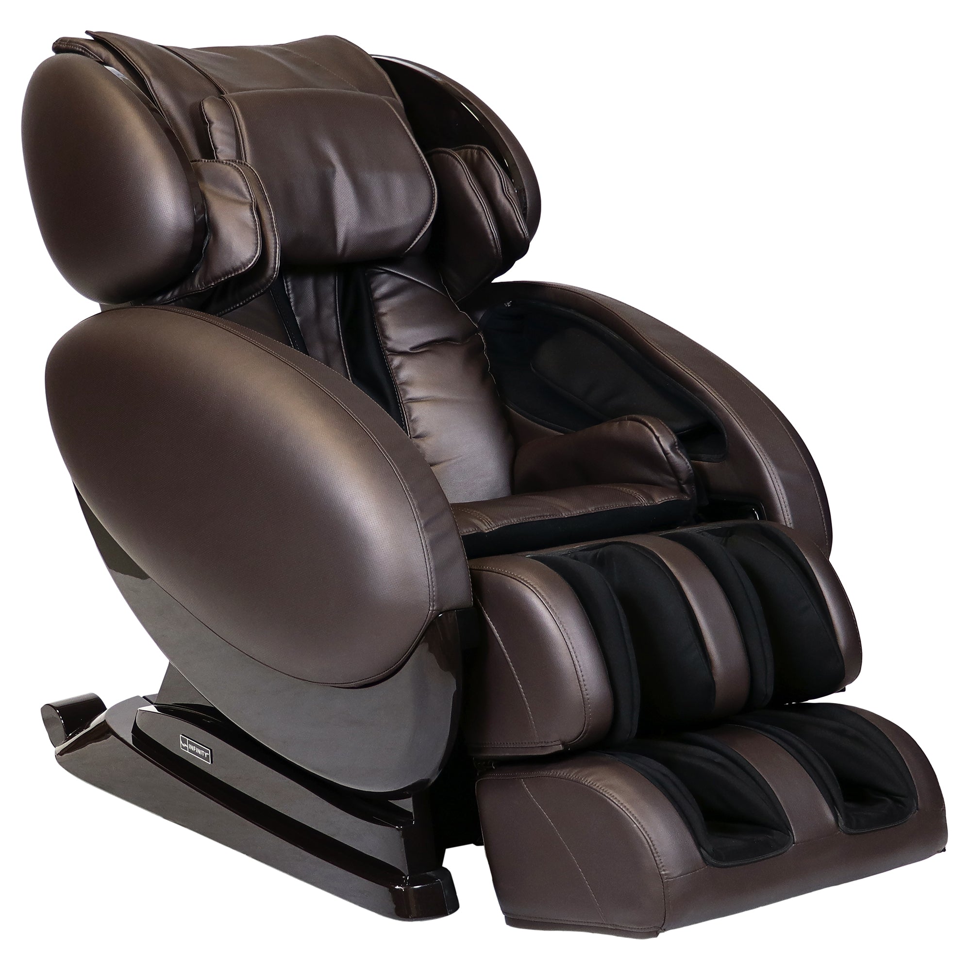 Infinity IT-8500 Plus massage chair with zero gravity design, full body massage features, in black leather upholstery.