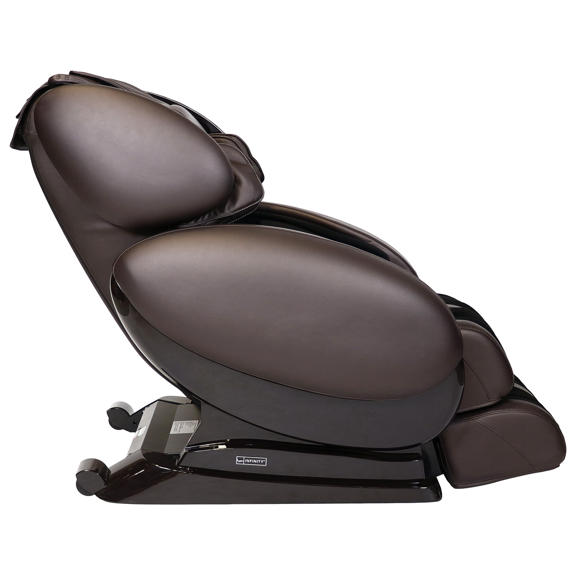 Infinity IT-8500 Plus massage chair with zero gravity design, full body massage features, in black leather with control panel