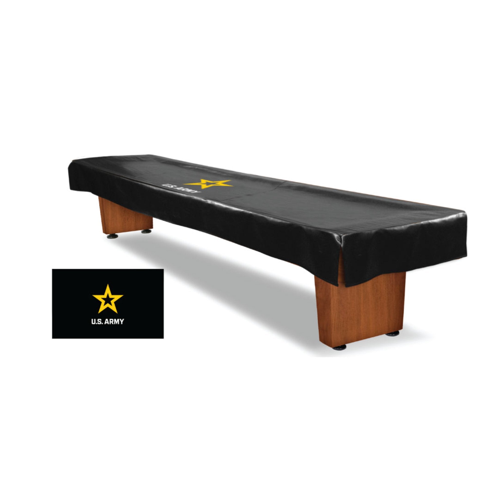 Holland Bar Stool official logo shuffleboard table cover in army green with shuffleboard accessories design.