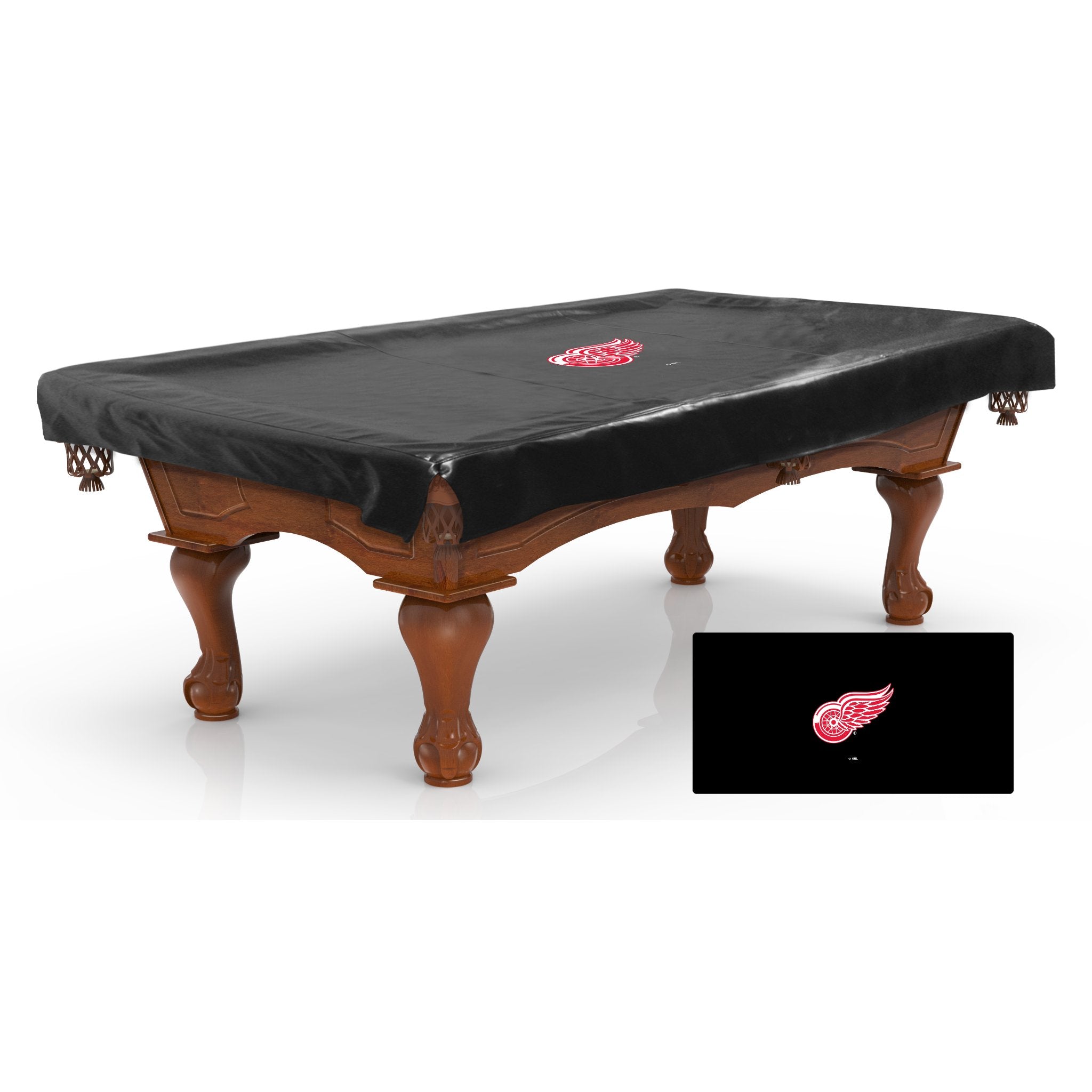 Holland Bar Stool official logo pool table cover, red with brand logo, designed for protecting and accessorizing pool tables.
