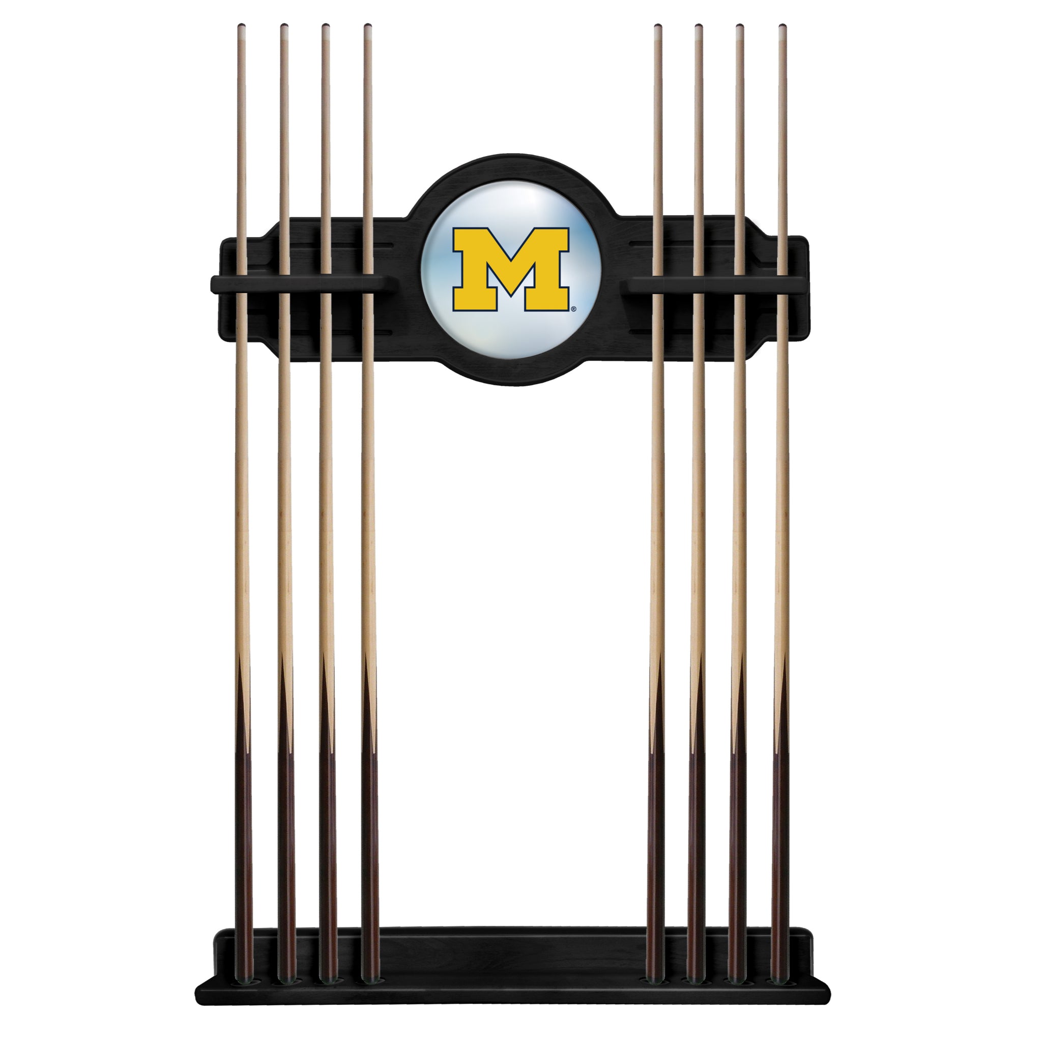 Holland Bar Stool official logo cue rack with multiple slots for cue sticks, made of durable wood with a sleek finish.