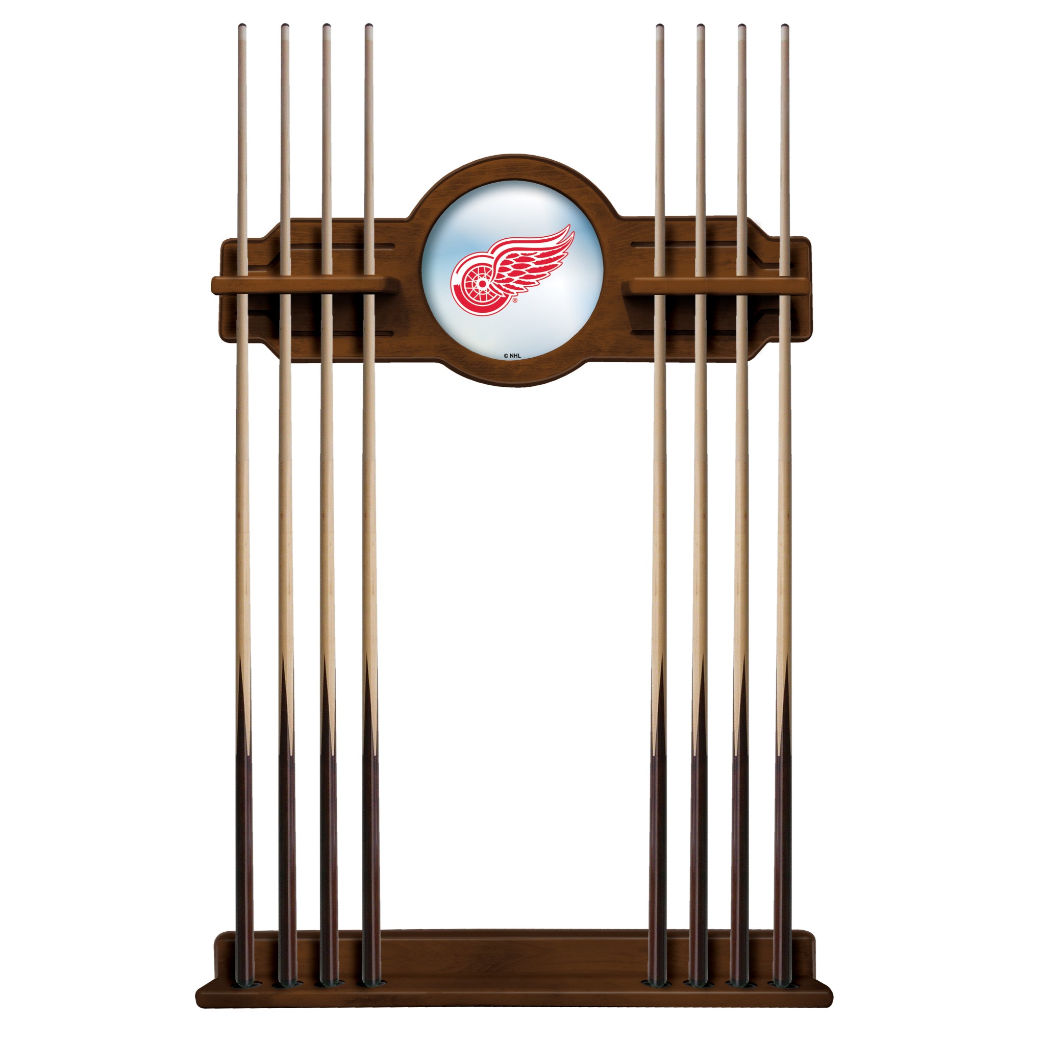 Red Holland Bar Stool official logo cue rack with multiple slots for cue sticks and a sturdy wooden design.