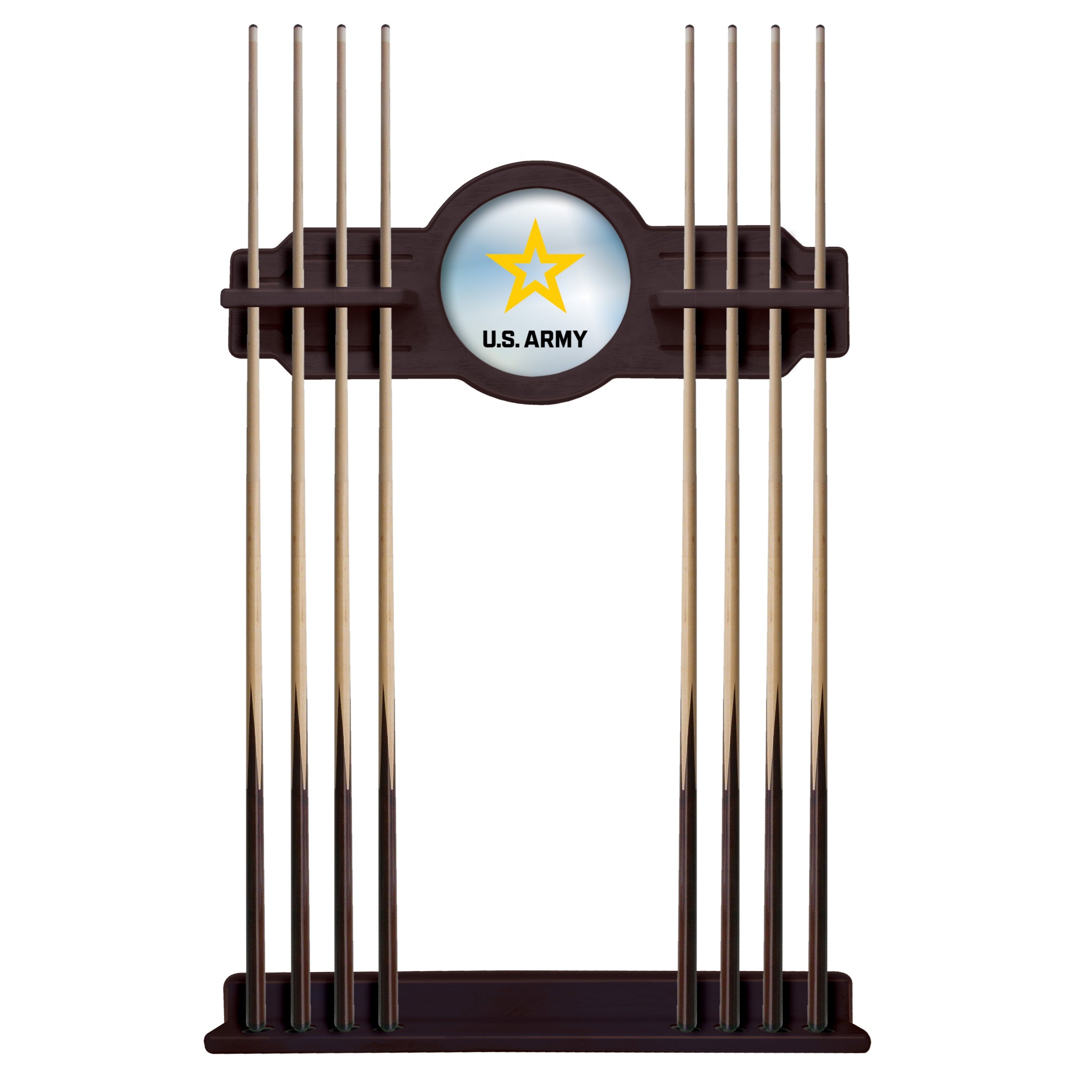 Holland Bar Stool official logo cue rack with military green finish and four cue slots, designed for billiards or game rooms.