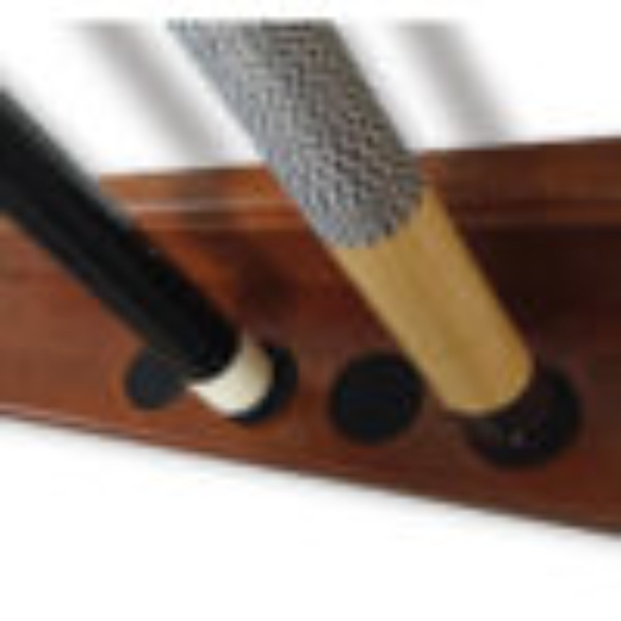 Holland Bar Stool official logo cue rack with multiple slots for cue sticks, made of durable wood, on a plain background.