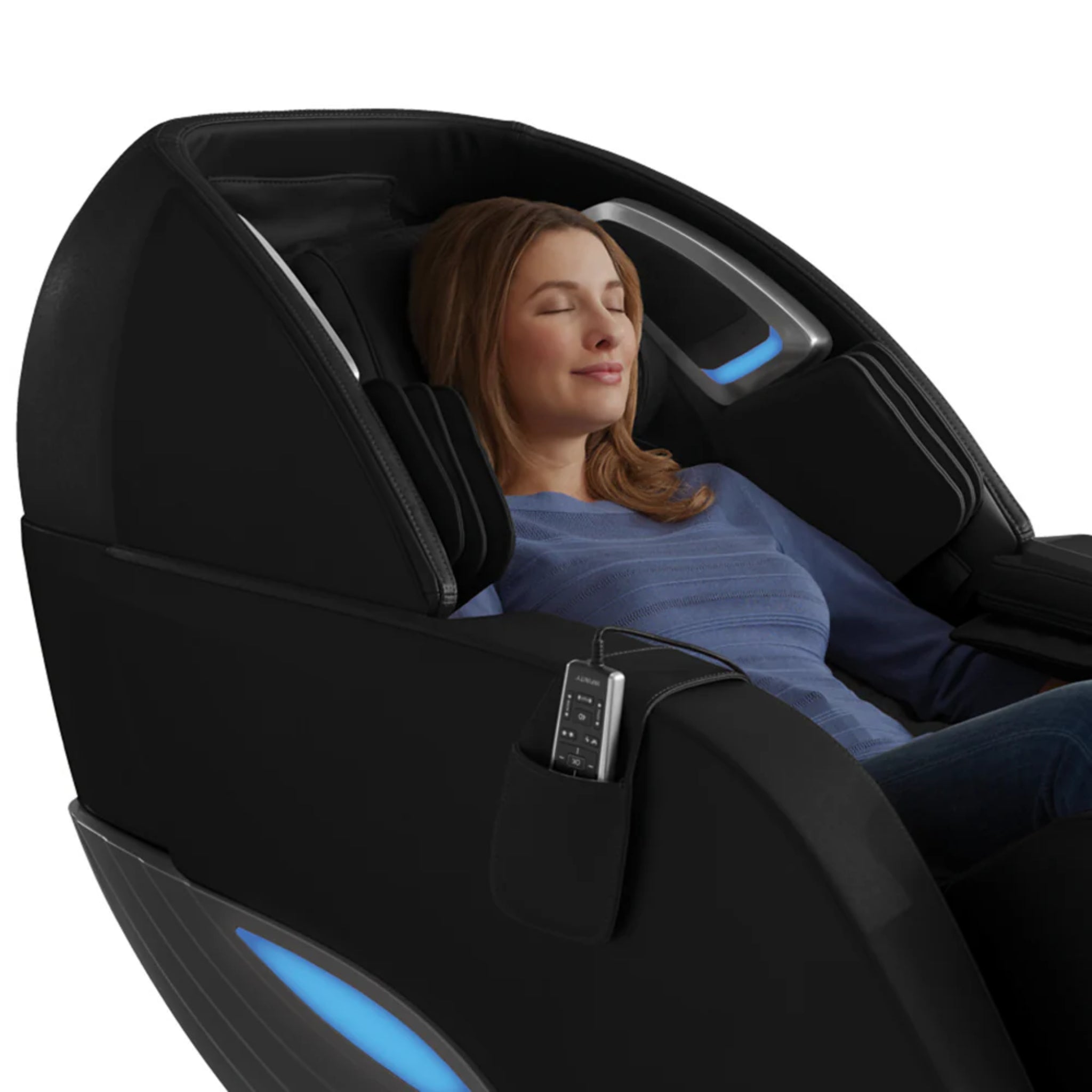 Infinity Dynasty massage chair in black with 4D zero gravity full body massage features, showcasing modern ergonomic design.