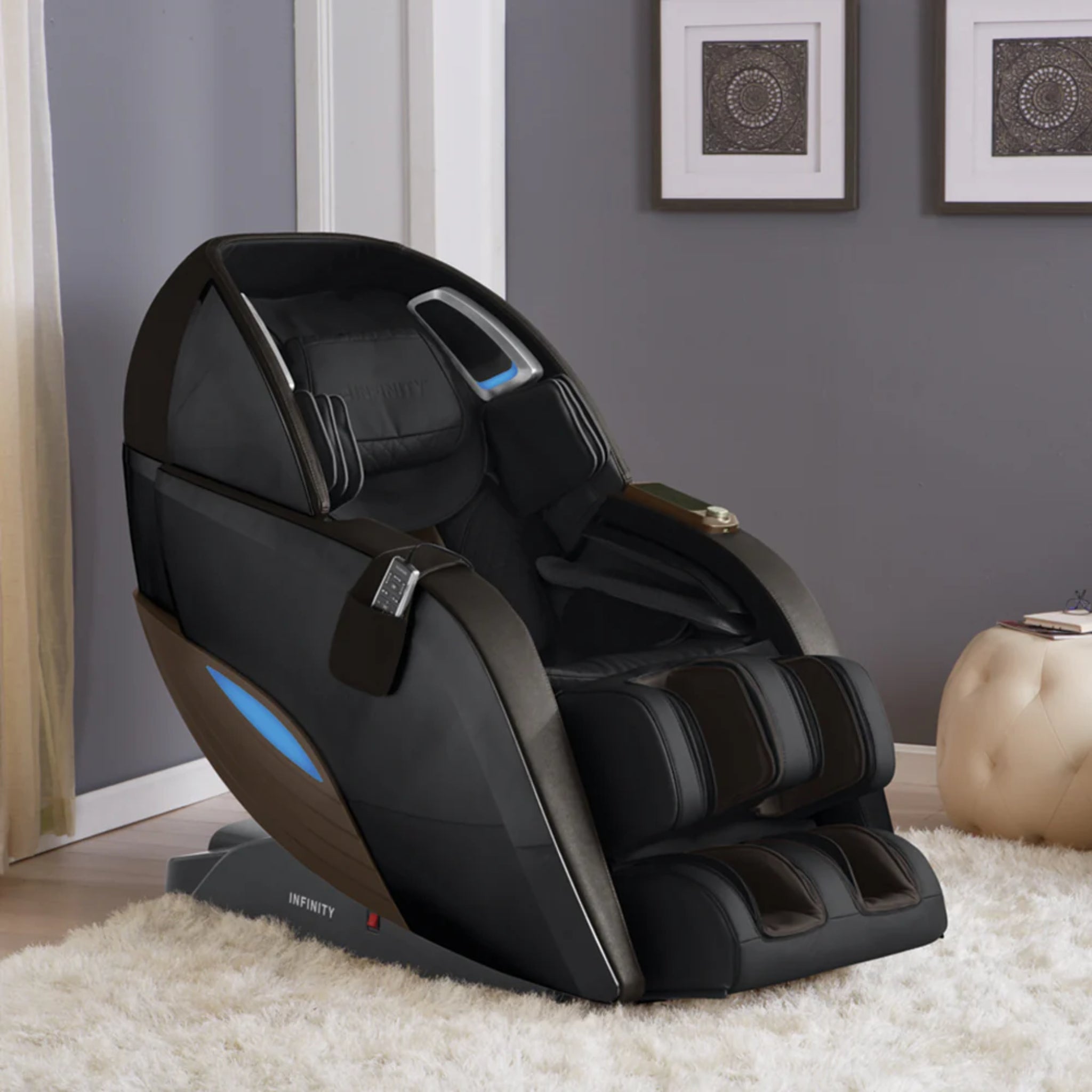 Infinity Dynasty 4D Zero Gravity Massage Chair in brown, featuring full-body cushioning and advanced massage rollers.