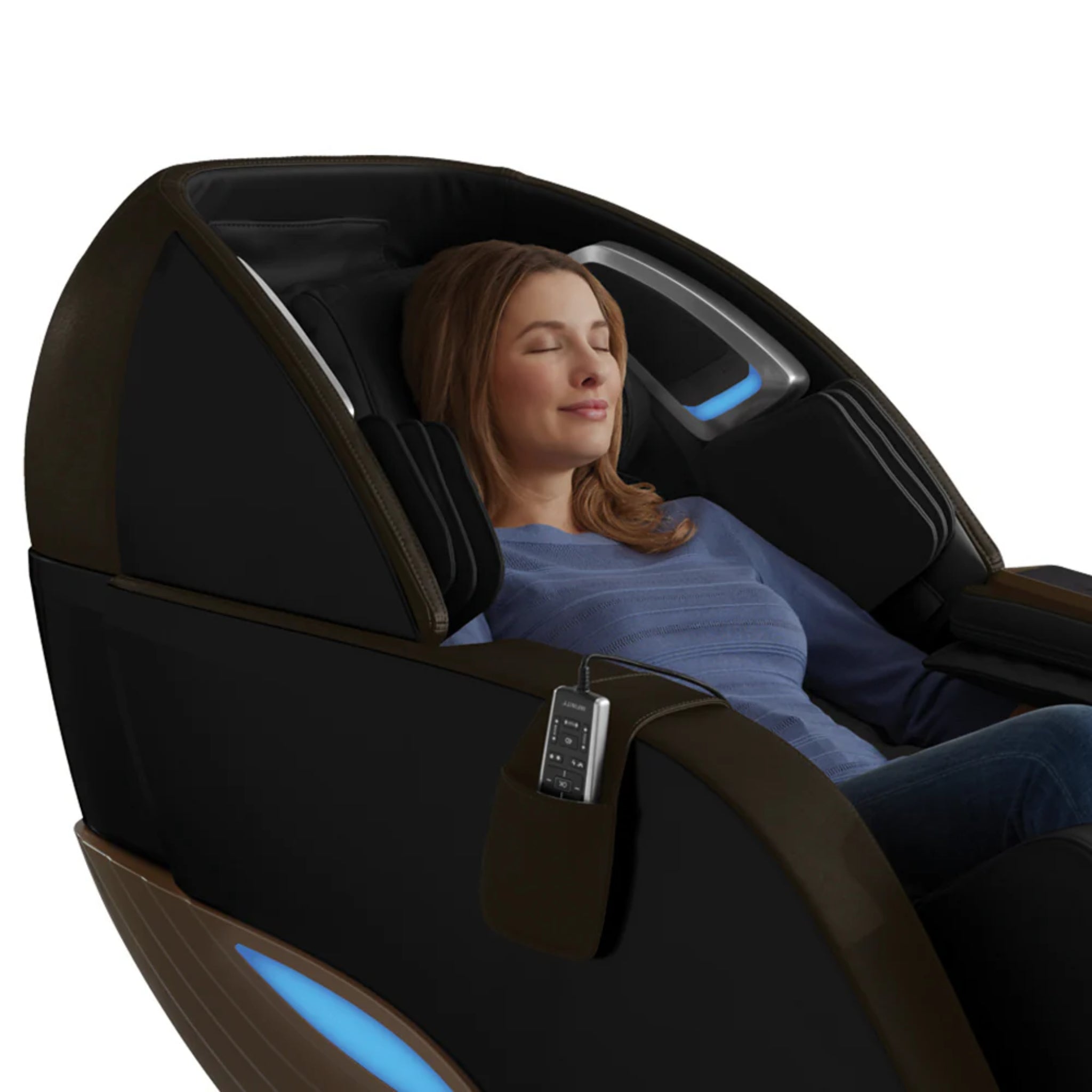 Infinity Dynasty 4D Zero Gravity Massage Chair in brown, showcasing full body design with armrest and control panel.