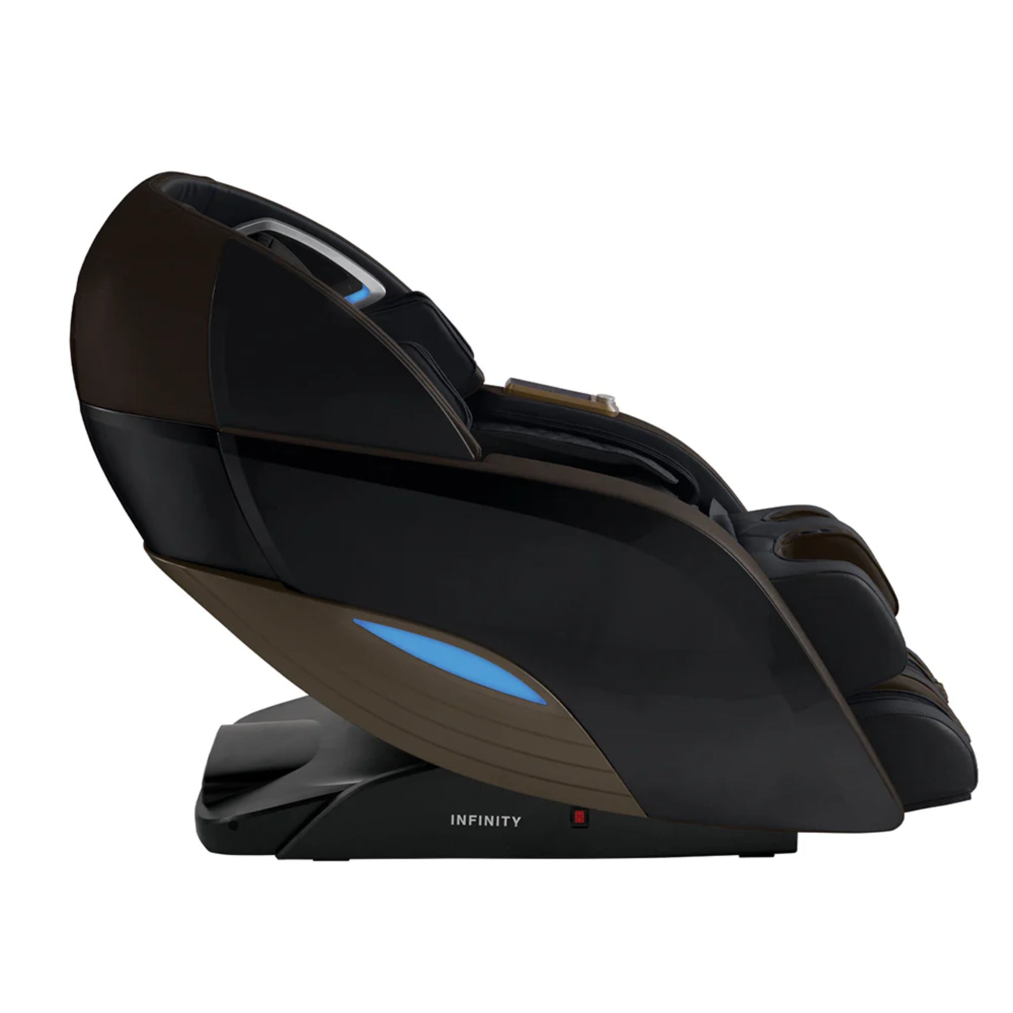 Brown Infinity Dynasty 4D Zero Gravity Massage Chair with full body design and ergonomic features, shown from the side.
