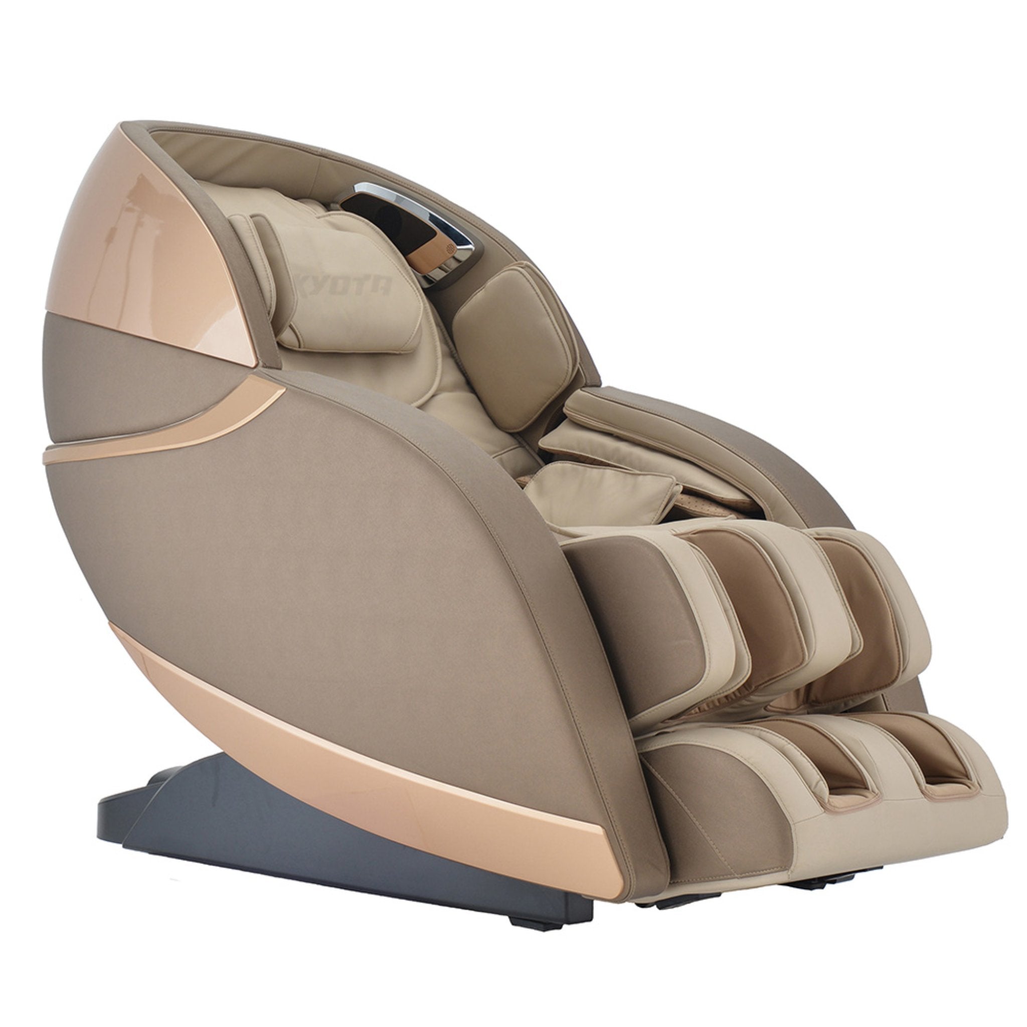 Kyota Kansha M878 luxury full body massage chair in gold with zero gravity design and padded armrests.