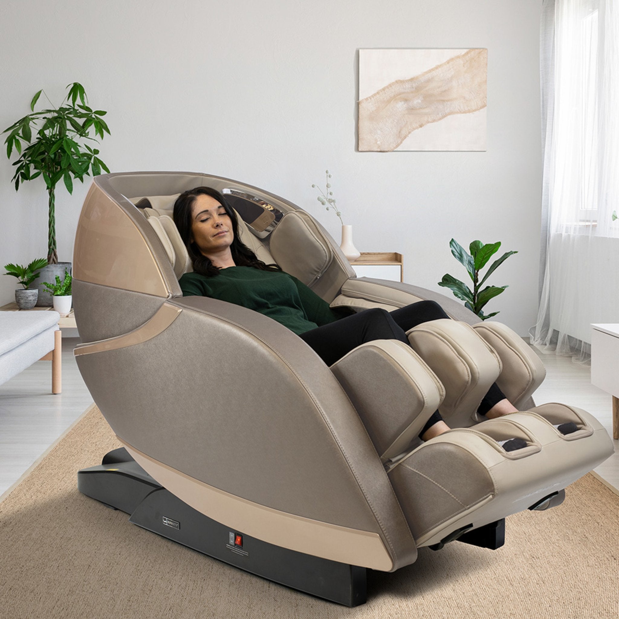 Kyota Kansha M878 luxury full-body massage chair with gold upholstery, zero gravity design, and ergonomic features.