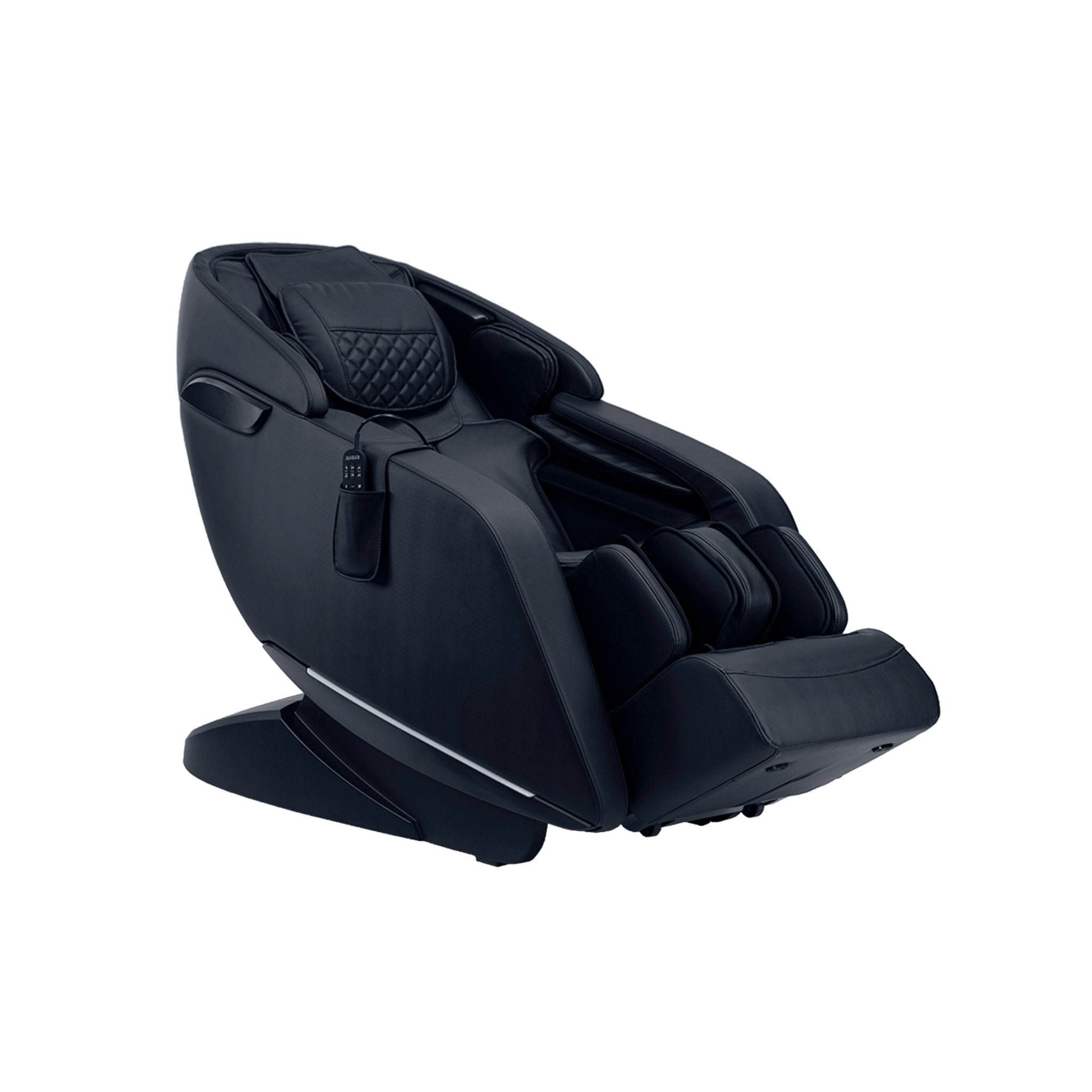 Kyota Genki M380 massage chair in black with full body zero gravity design, featuring plush cushioning and adjustable headrest.