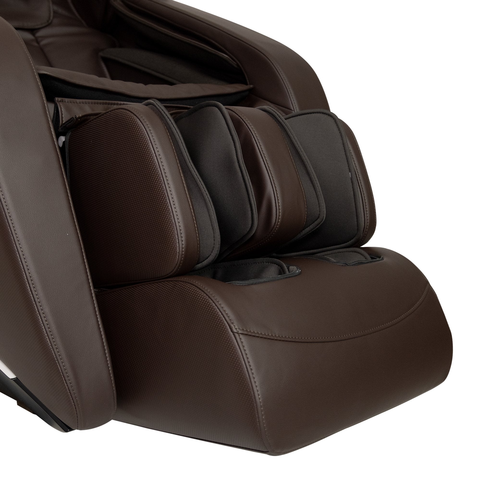Close-up of brown Kyota Genki M380 massage chair footrest with full body zero gravity design, showcasing plush upholstery and modern features.