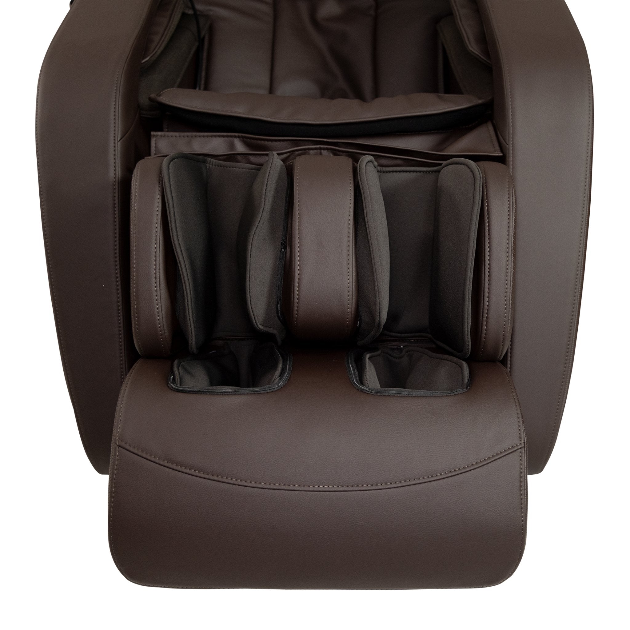Kyota Genki M380 massage chair in brown with footrest, showcasing full-body zero gravity massage features and sleek design.
