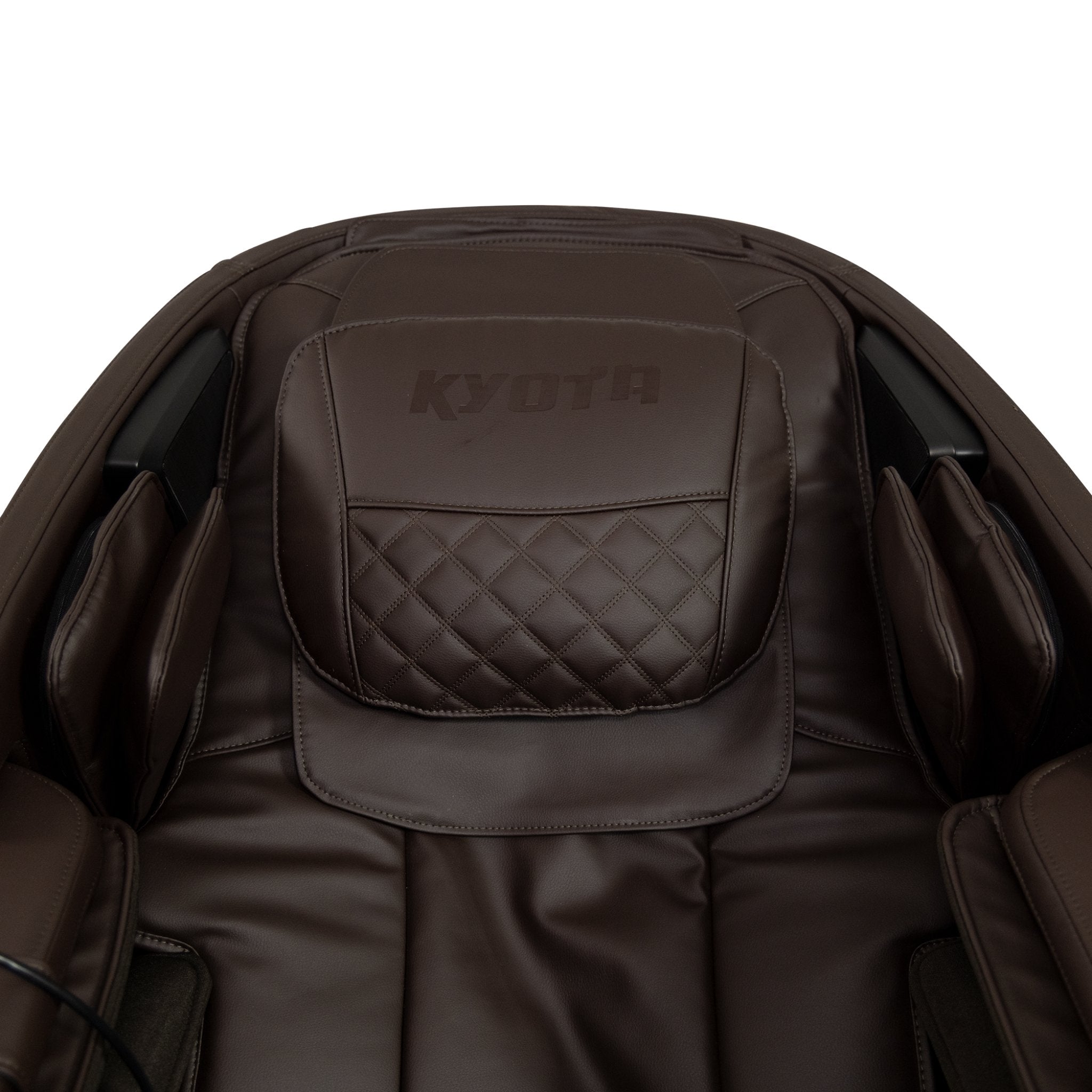 Close-up of the brown Kyota Genki M380 massage chair's headrest, showcasing its plush design and ergonomic features.