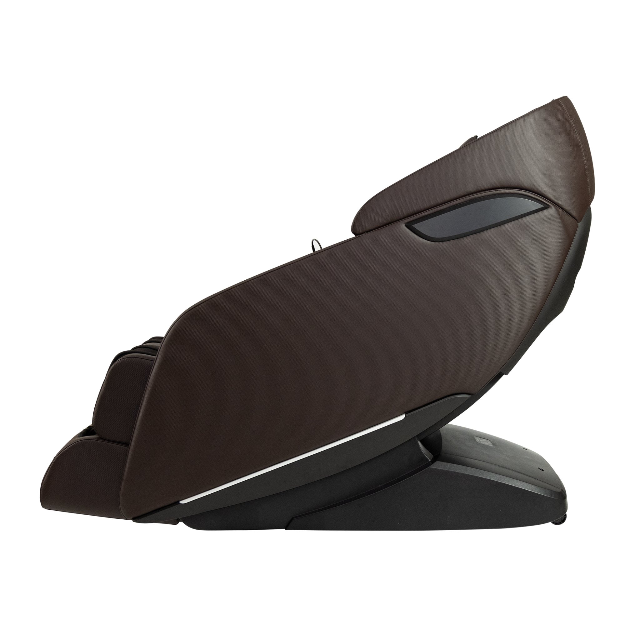 Kyota Genki M380 massage chair in brown, showcasing its full-body design and zero gravity recline from a side view.