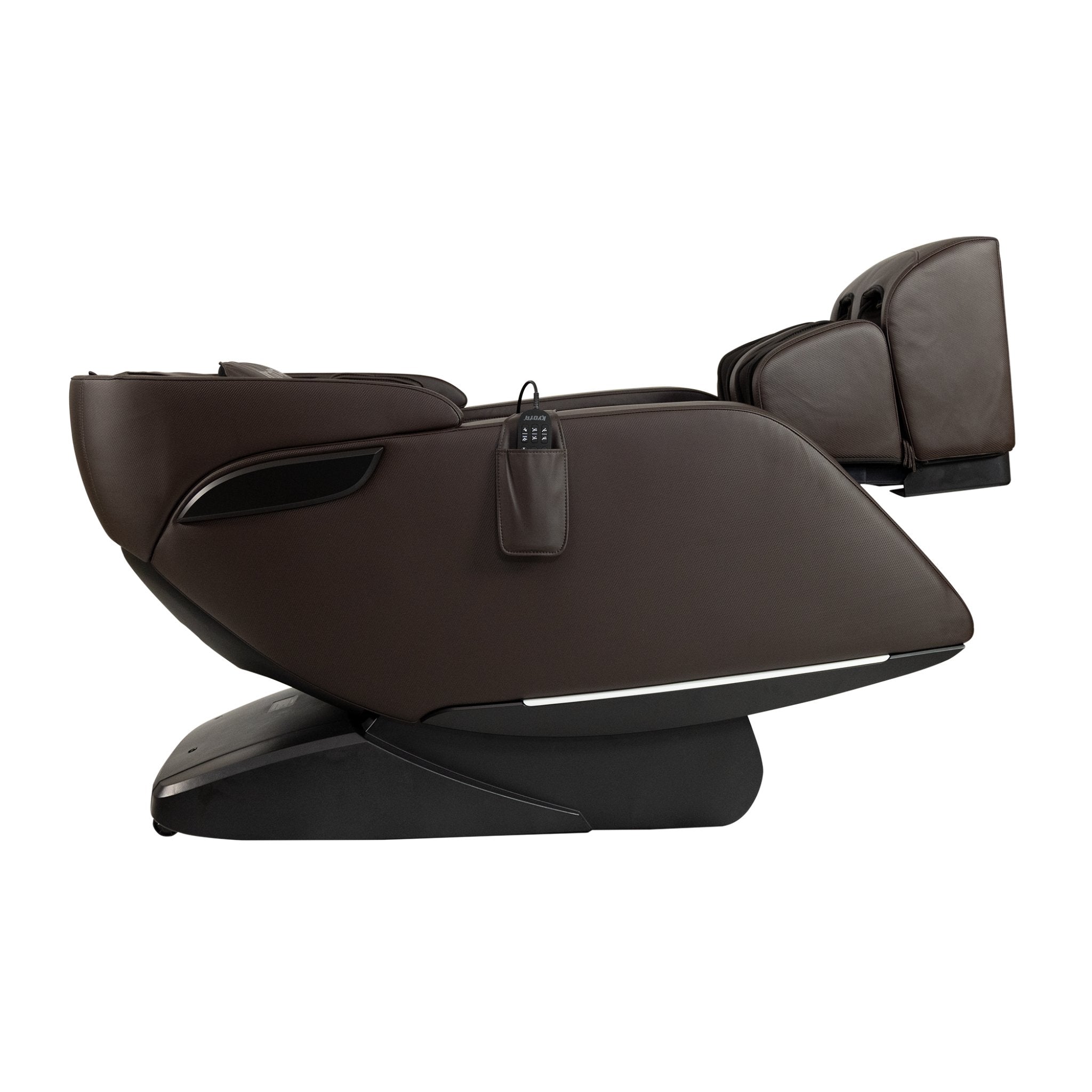 Kyota Genki M380 massage chair in brown with full body zero gravity design and padded armrests, showcasing a sleek modern look.