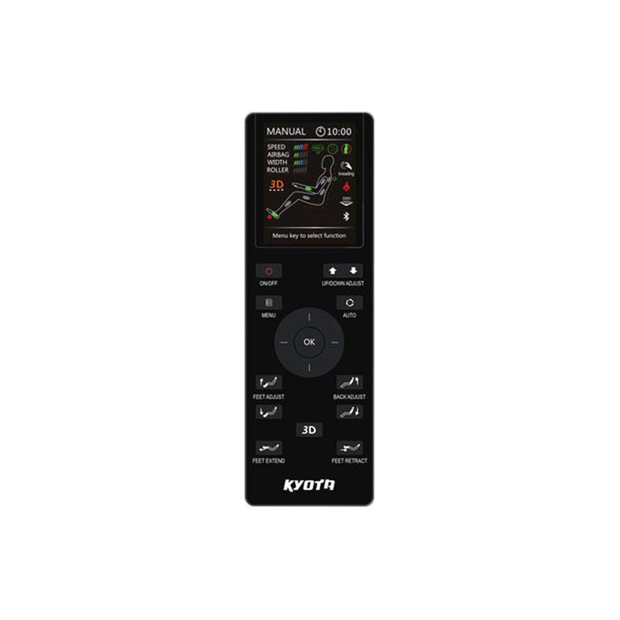 Kyota Yosei M868 massage chair with remote, showcasing sleek black design, full-body zero gravity, and 4D massage functionality.