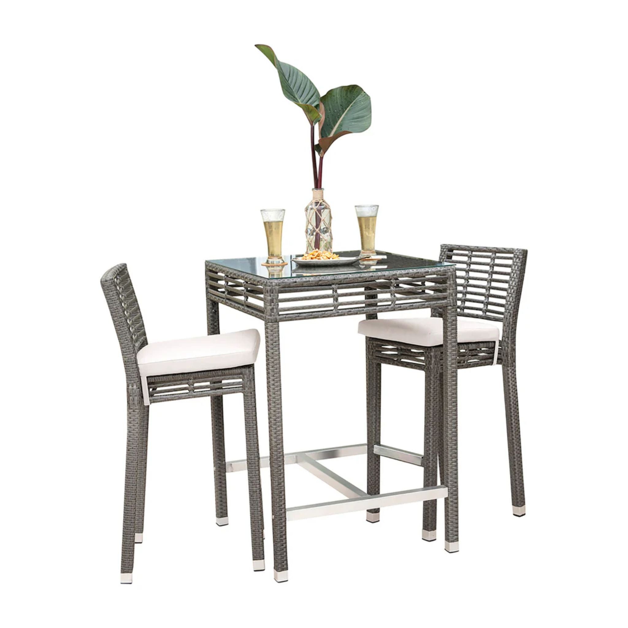 Panama Jack Outdoor Graphite 3-piece outdoor bar set with cushions, including bar table and two stools, perfect for patio lounging.