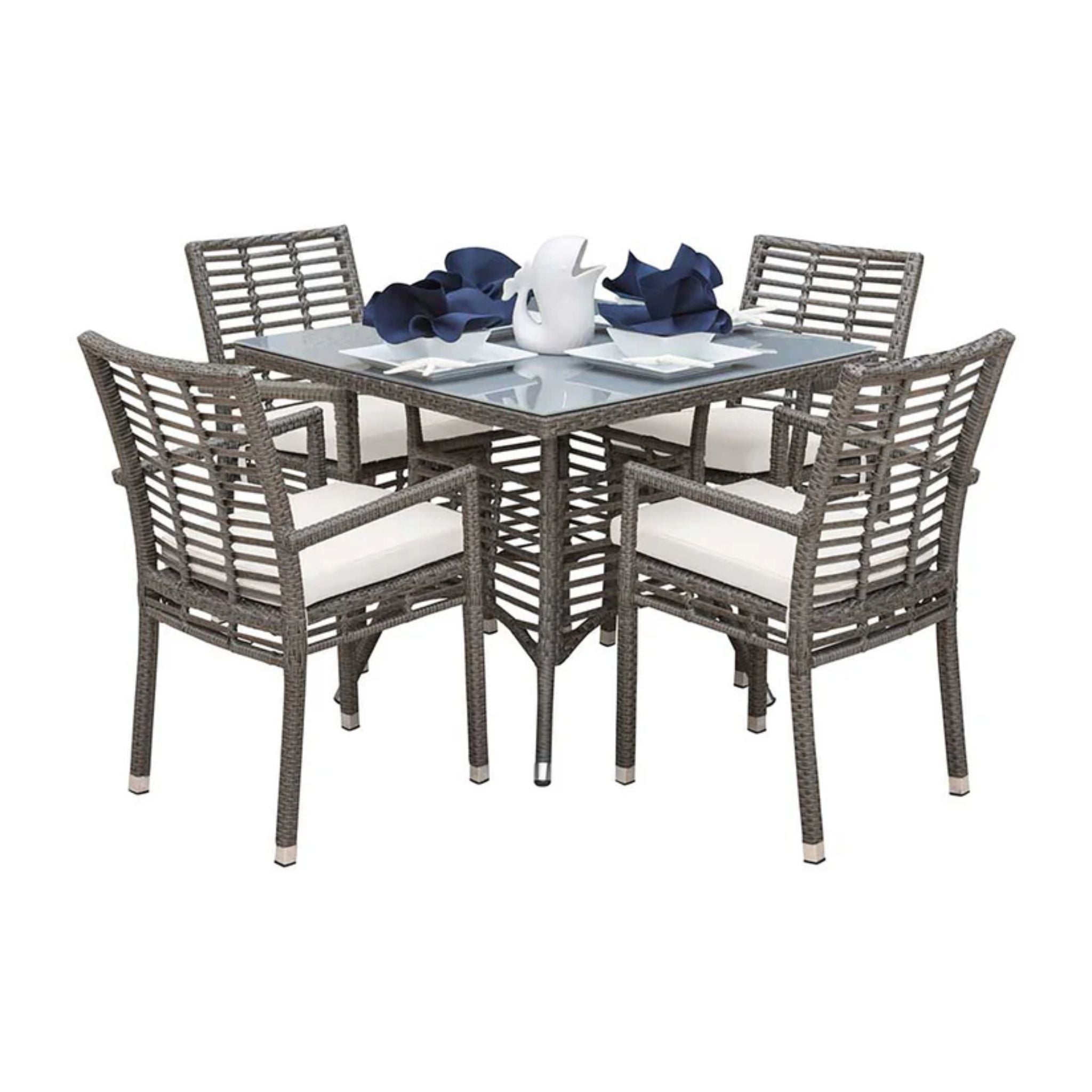 Panama Jack Outdoor Graphite 5-piece square armchair outdoor dining set with matching table and chairs, stylish and durable for outdoor use.