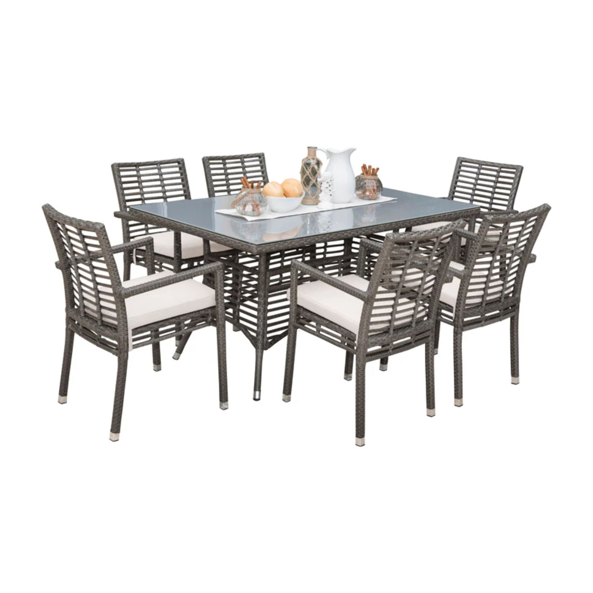 Panama Jack Outdoor Graphite 7-piece outdoor dining set with armchair chairs and cushions for patio or garden use.