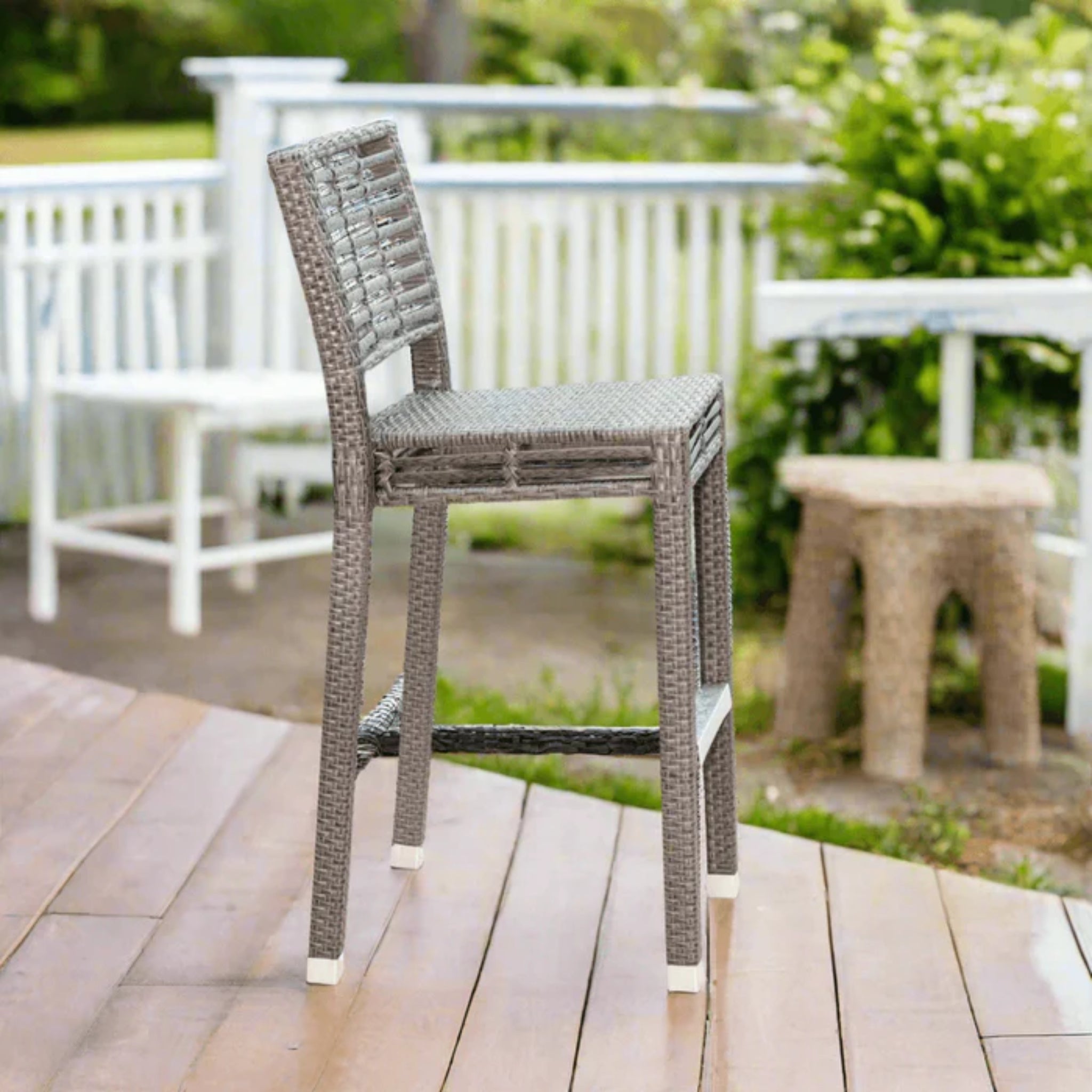 Panama Jack Outdoor Graphite 3-piece outdoor bar set with cushions, including bar table and two bar stools with armrests.