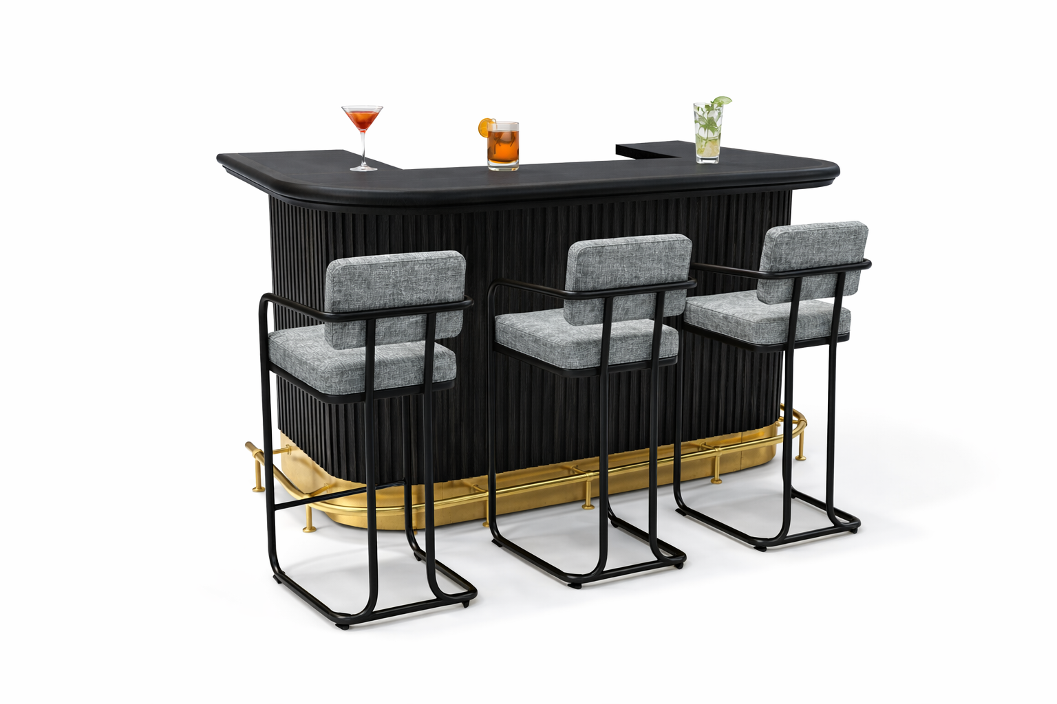 Vintage grey Ram Game Room Prohibition Series 60-inch home bar cabinet with foot rail and tools for game room entertainment.