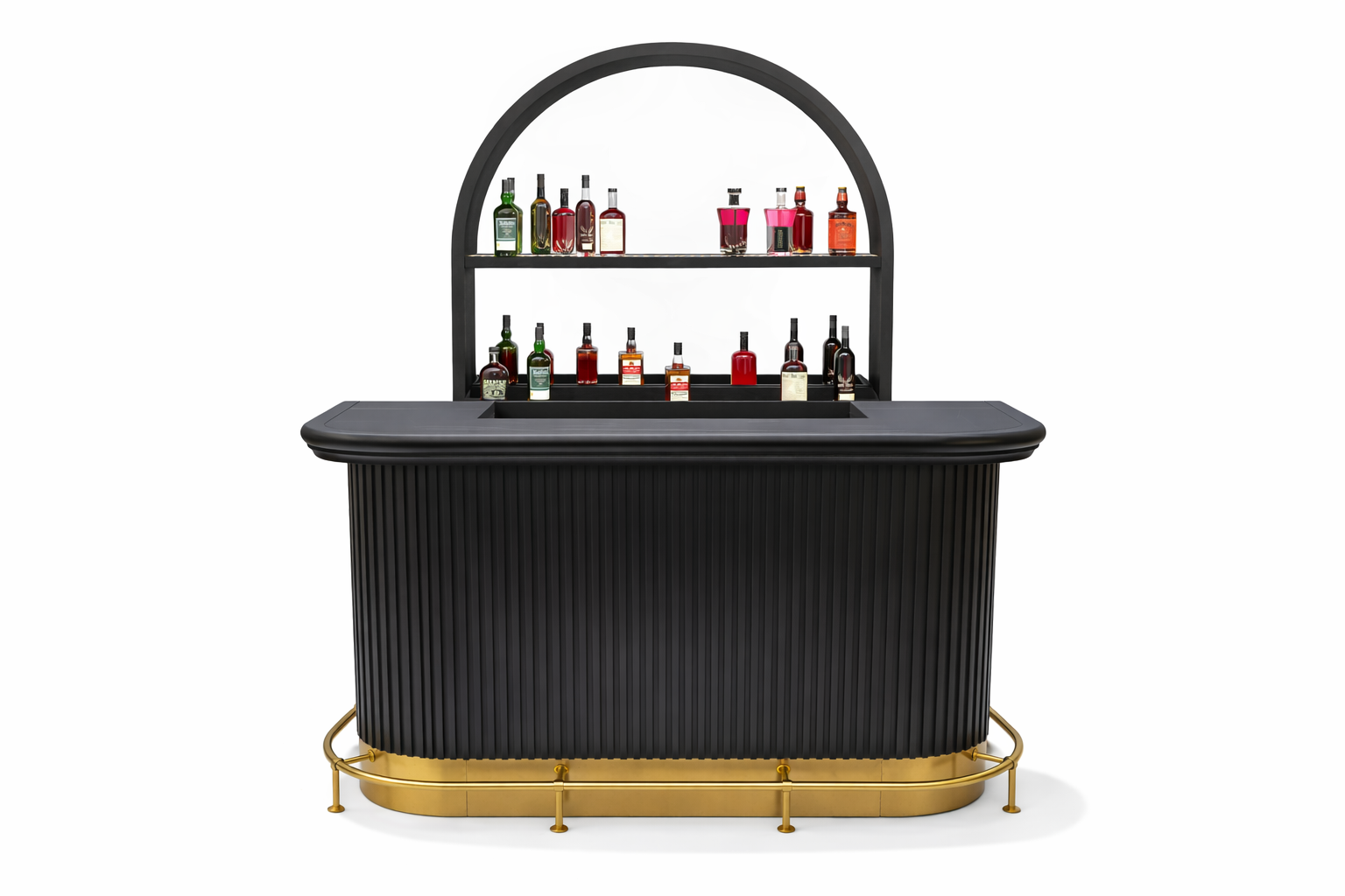 Front view of Ram Game Room Prohibition Series 60-inch home bar cabinet with foot rail and classic cocktail bar design.