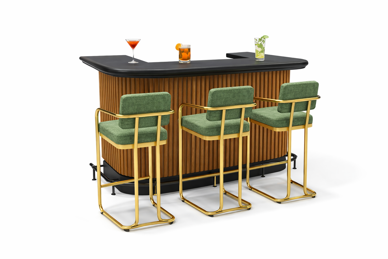 Vintage green footrail with three matching stools in front of the Ram Game Room Prohibition Series 60-inch home bar cabinet.