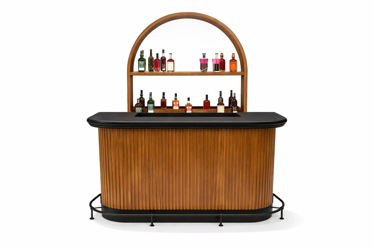 Ram Game Room Prohibition Series 60-inch home bar cabinet with foot rail, front view showing wood finish and bar design.