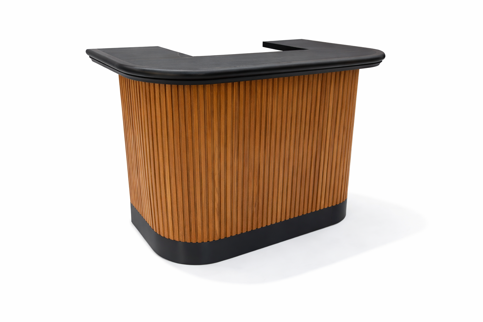 Ram Game Room Prohibition Series 60-inch walnut home bar cabinet with angled design and no foot bar for game room entertainment.