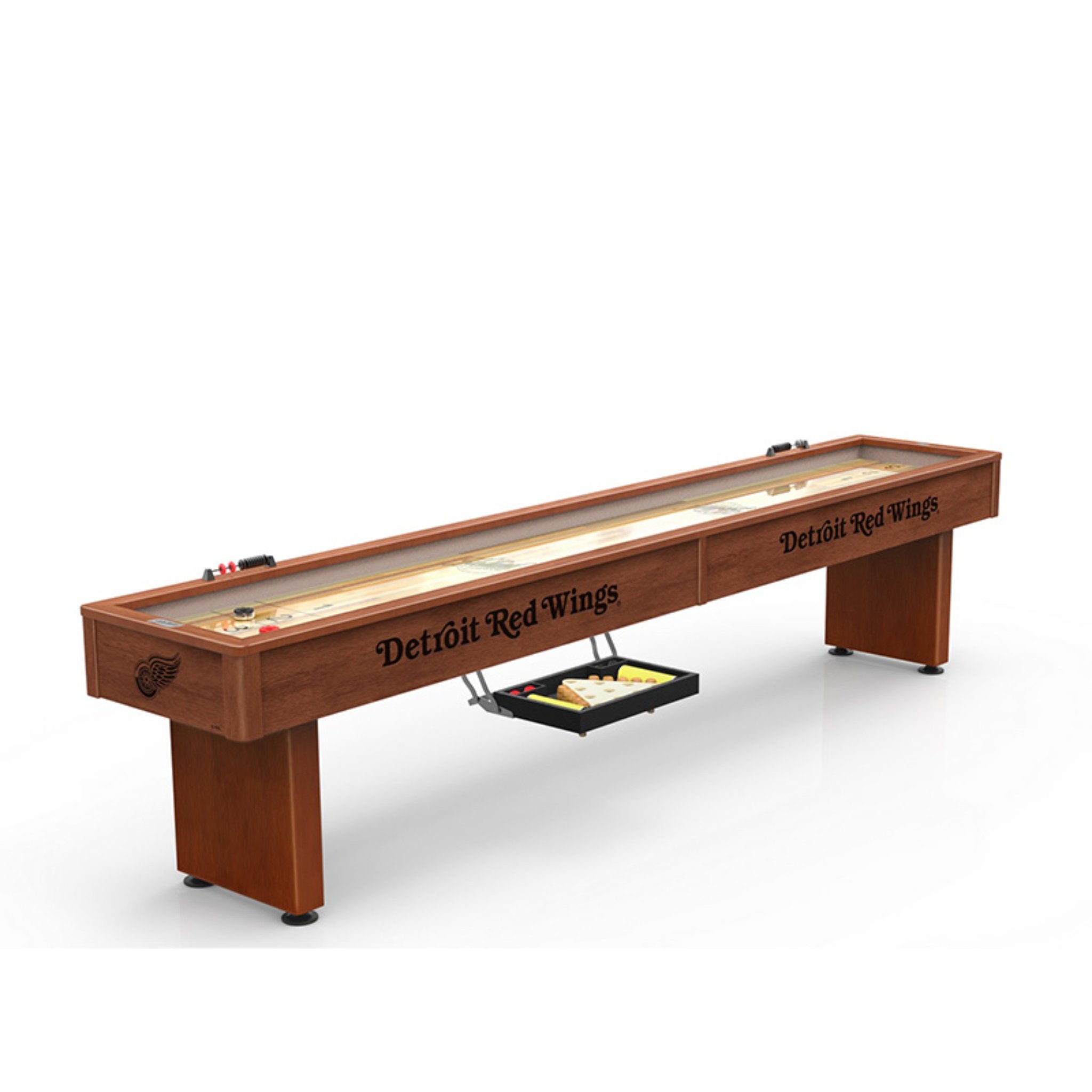 Holland Bar Stool 12 ft shuffleboard table with custom sports logo and red playing surface, professional game design