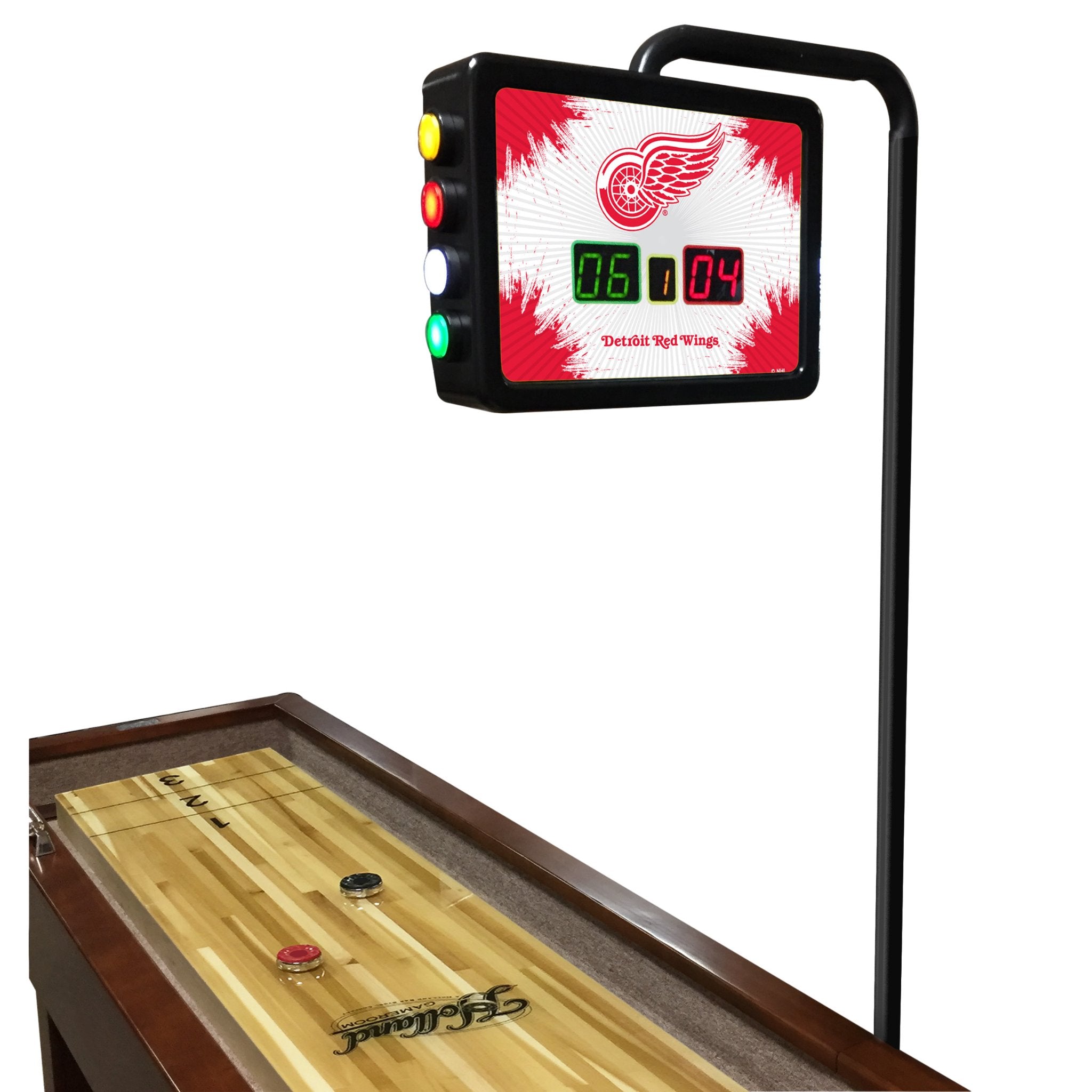Holland Bar Stool 12 ft shuffleboard table with custom sports logo and red accents, featuring a smooth playing surface and sturdy construction.