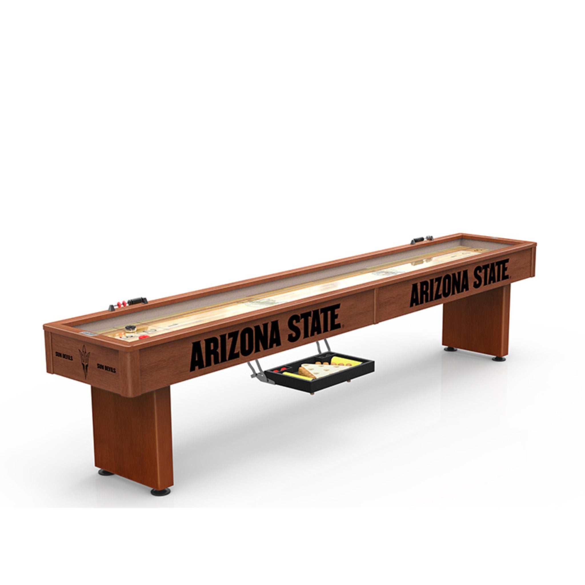 Holland Bar Stool 12 ft shuffleboard table with custom sports logo design, featuring a smooth playing surface and sleek wood finish.