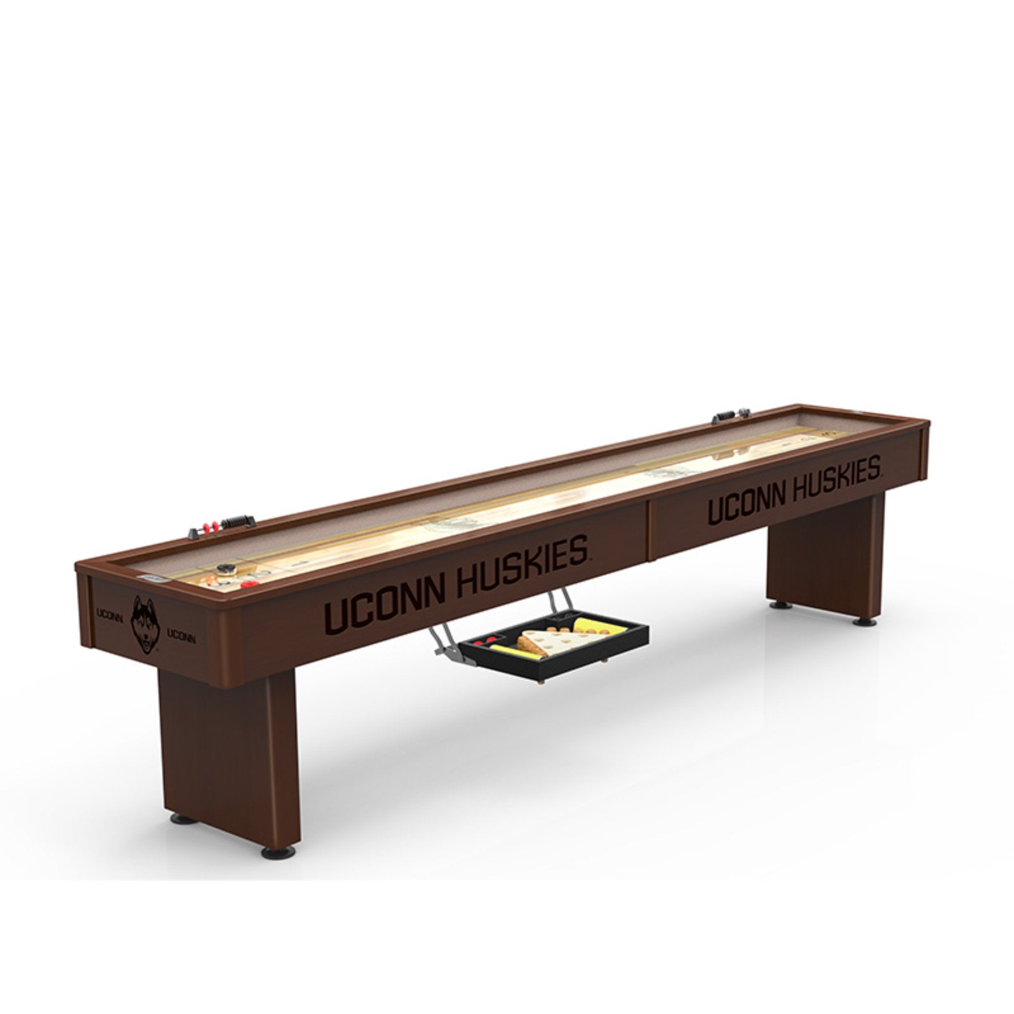 12 ft Holland Bar Stool logo shuffleboard table with custom sports logo, featuring a sleek wooden surface and polished finish.
