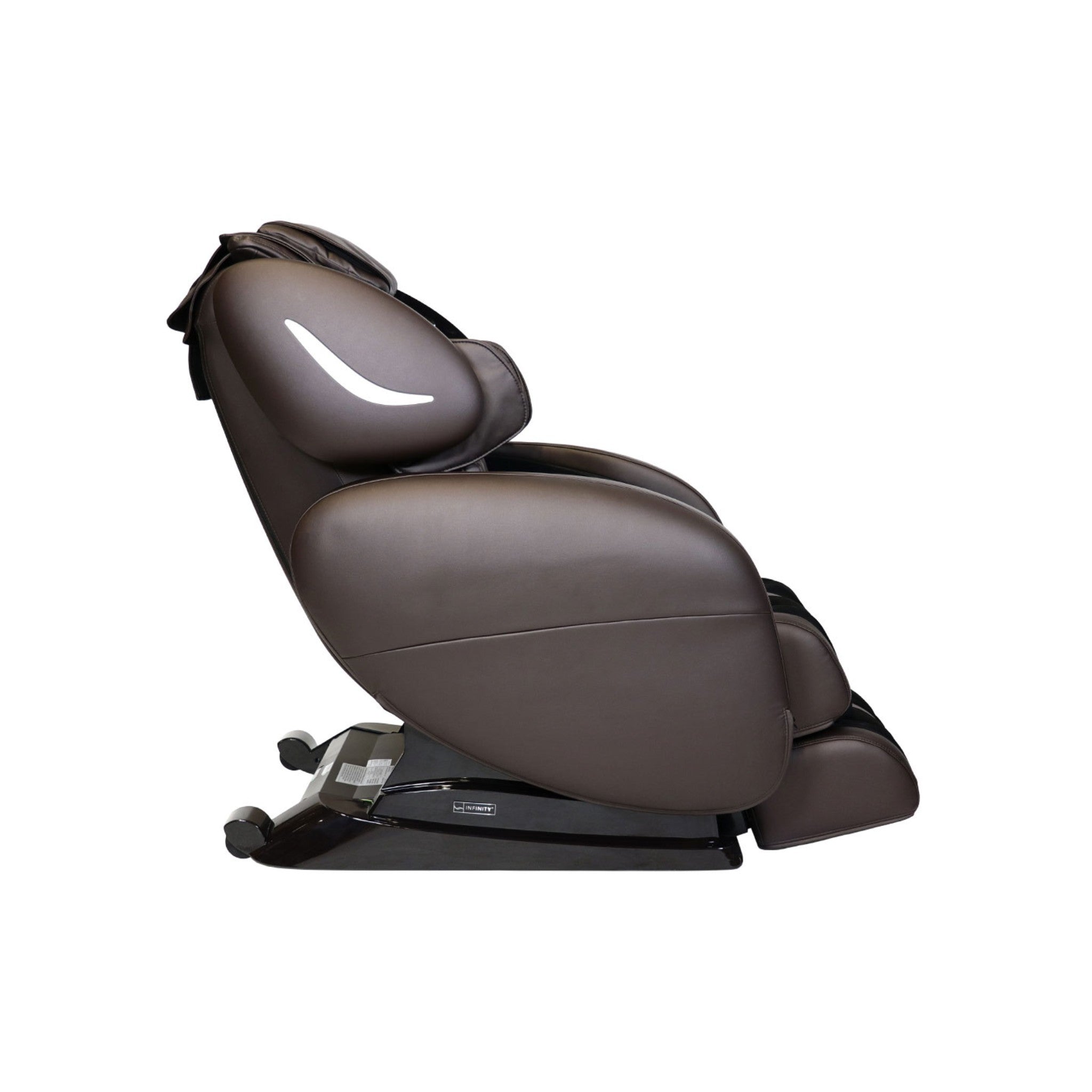 Infinity SmartX3 Massage Chair in brown, showcasing its sleek side view with 3D/4D zero gravity full-body massage features