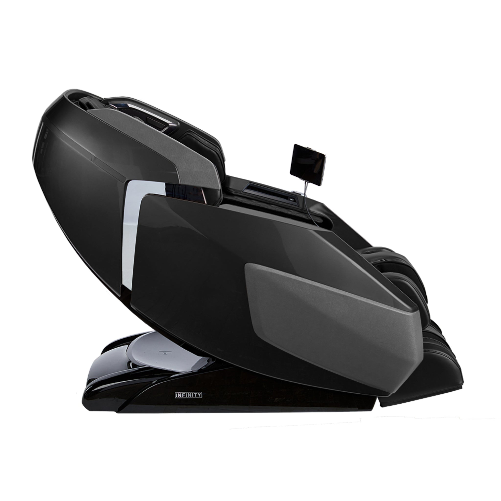 Infinity Imperial Syner-D massage chair in black with padded armrests and full-body cushion, showcasing its luxury design.