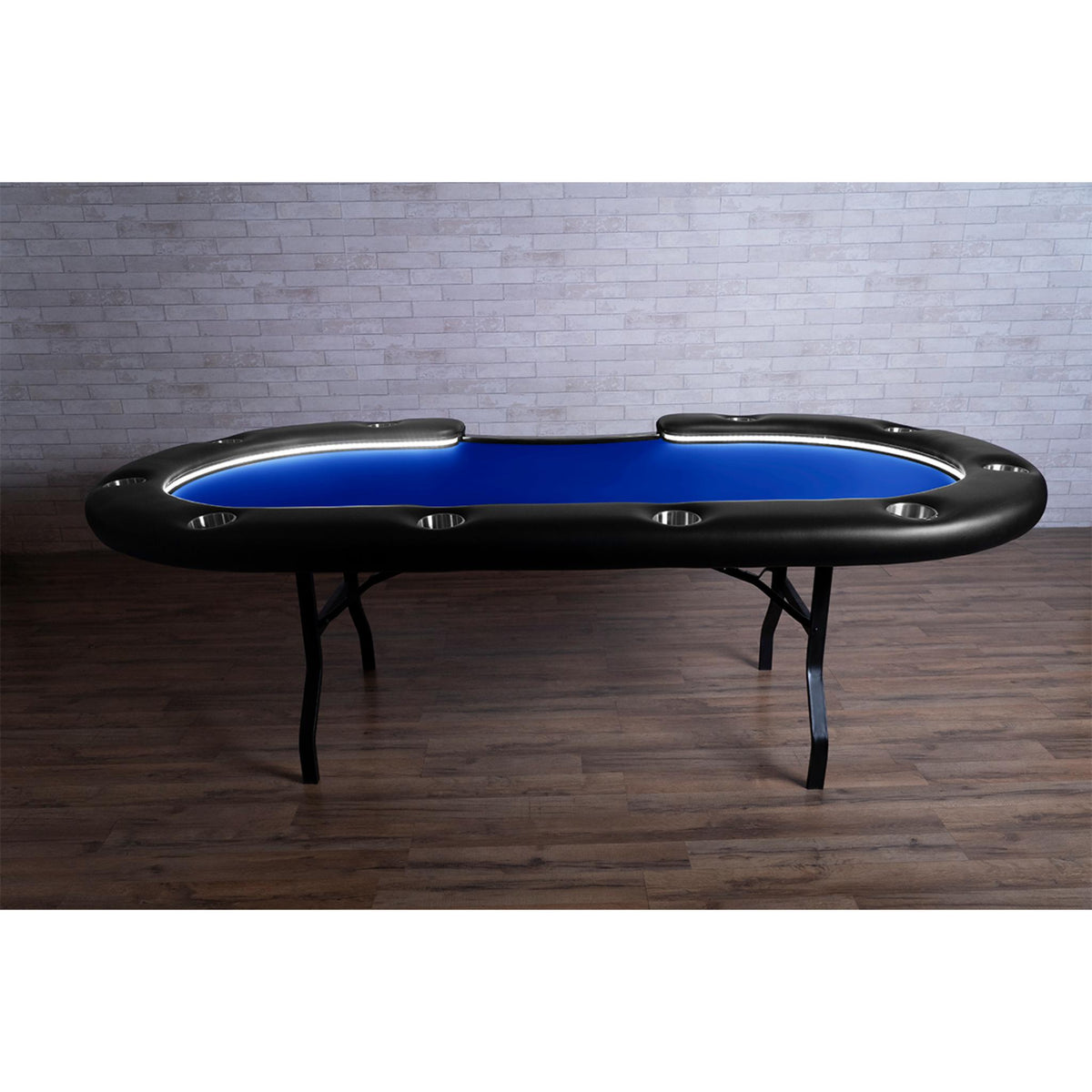 BBO Poker Tables Aces Pro Alpha LED folding Texas Hold’em poker table with green velveteen surface and built-in LED lighting.