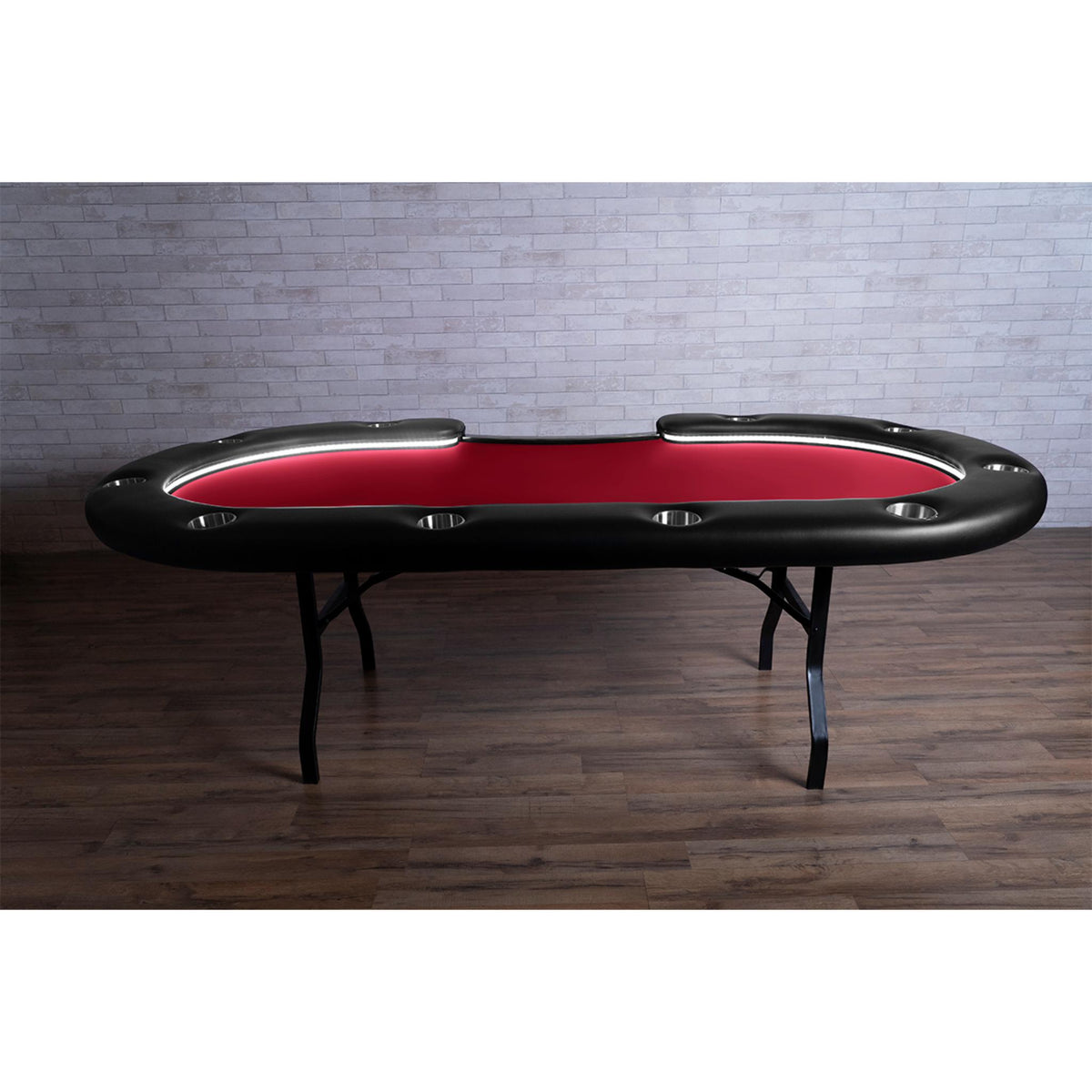 BBO Poker Tables Aces Pro Alpha LED folding Texas Hold’em poker table with green velveteen surface, cup holders, and padded rail.