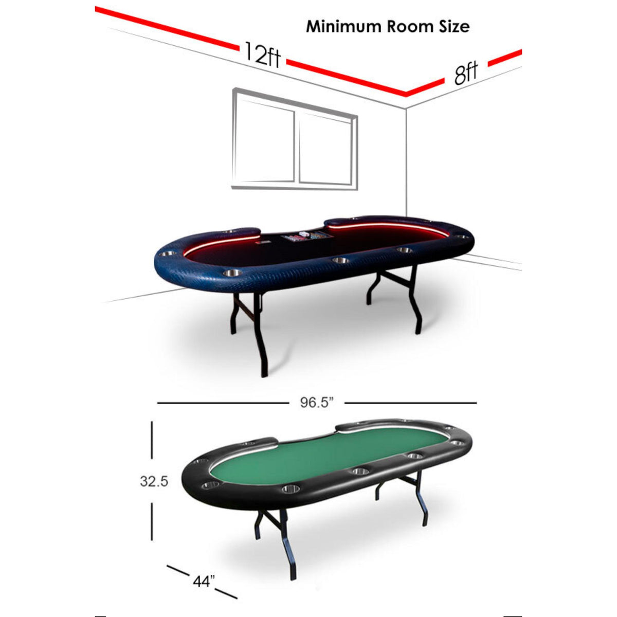 BBO Poker Tables Aces Pro Alpha LED folding Texas Hold’em poker table with green velveteen surface and built-in LED lighting.