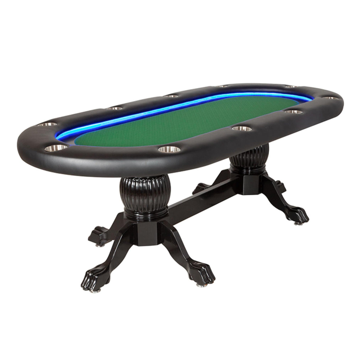 BBO Poker Tables Elite Alpha luxury oval Texas Hold’em poker table with green velveteen surface and cushioned armrest.