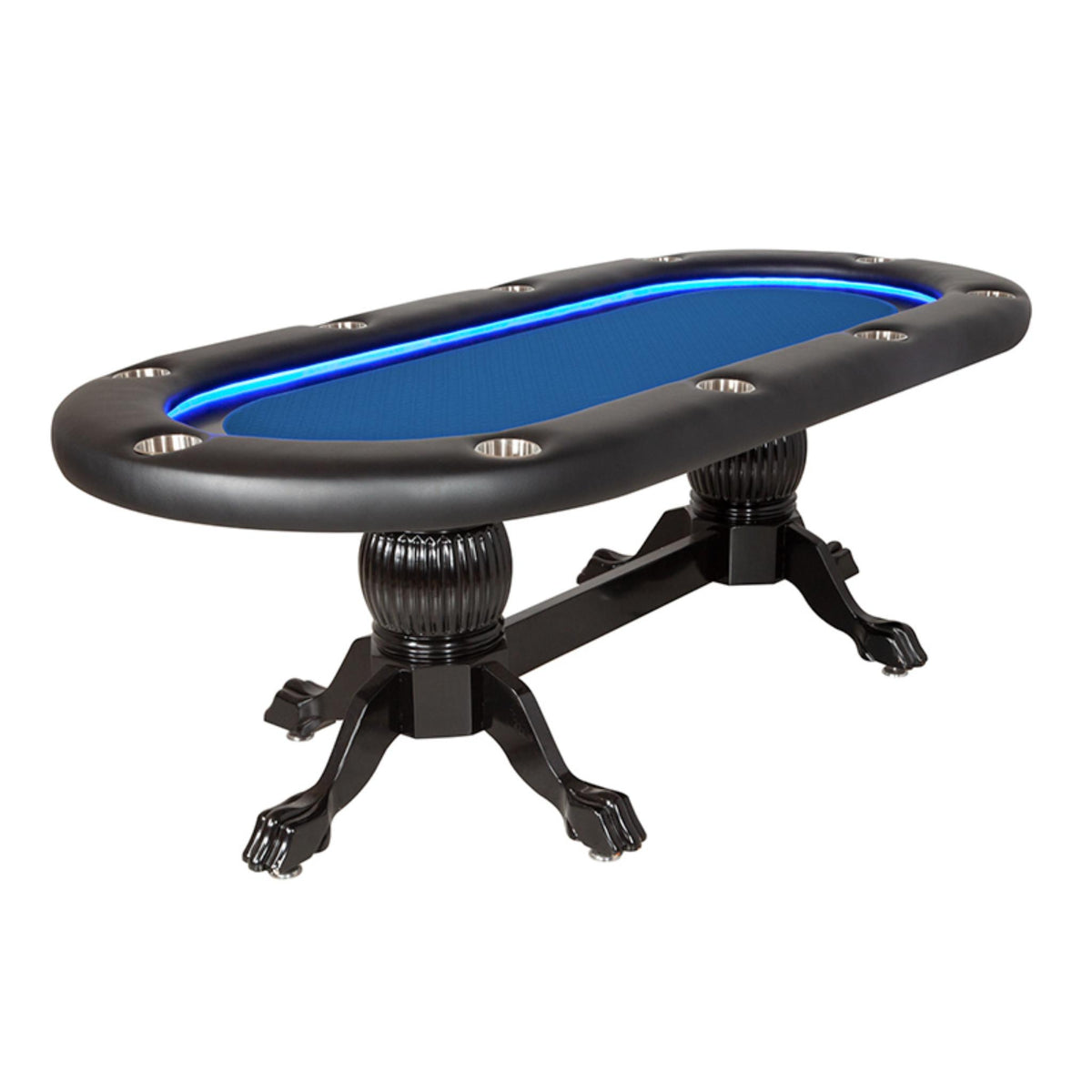 BBO Poker Tables Elite Alpha luxury oval Texas Hold’em poker table with green velveteen surface and padded armrest.