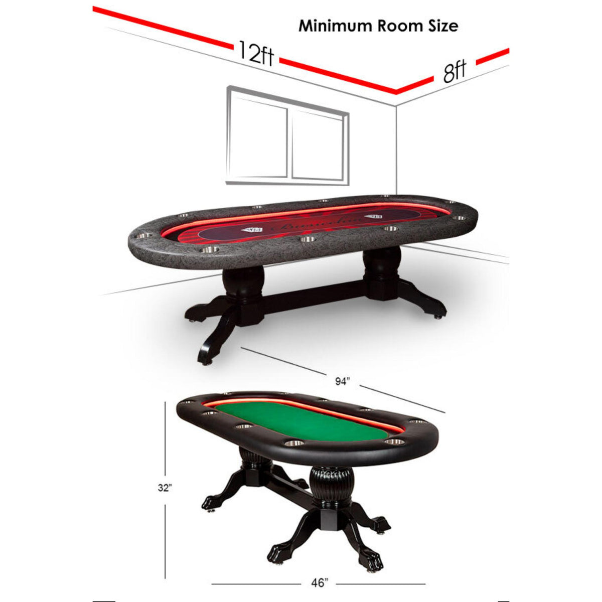 Green velvet BBO Poker Tables Elite Alpha luxury oval Texas Hold’em poker table with built-in cup holders and padded armrest.
