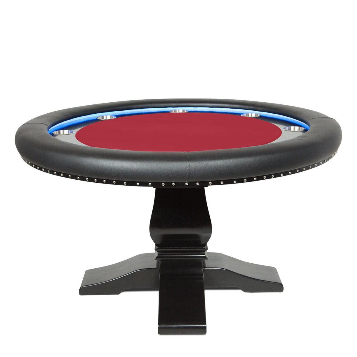 BBO Poker Tables Ginza modern round LED Texas Hold’em poker table with green velveteen surface and built-in chip tray.