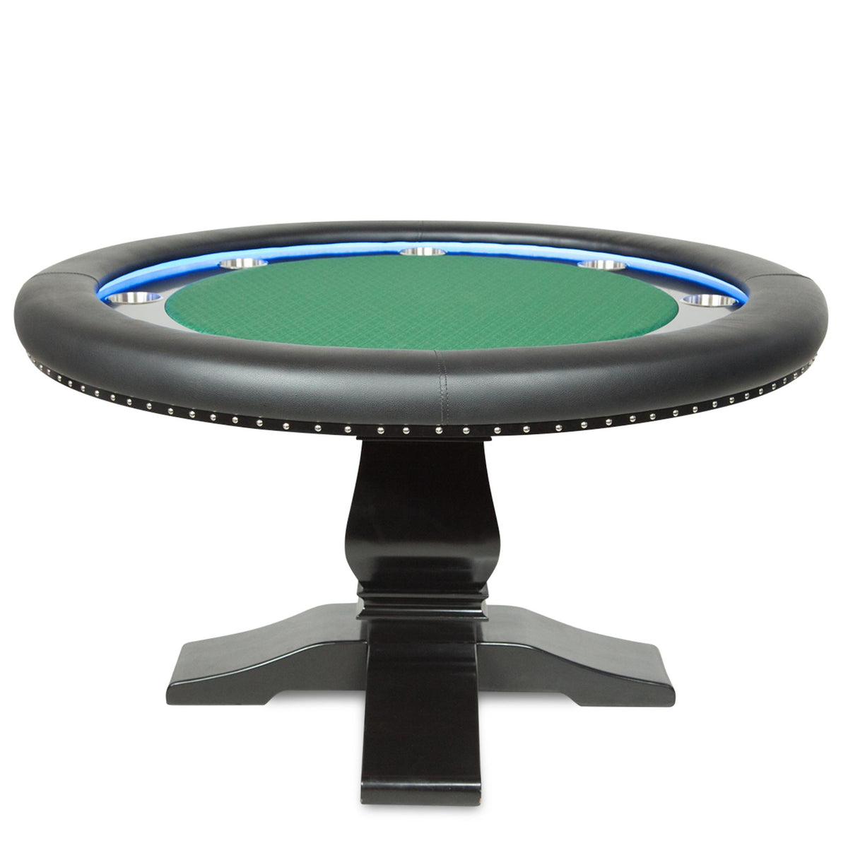 BBO Poker Tables Ginza Modern Round LED Texas Hold’em Poker Table with green velveteen playing surface and built-in LED lighting.