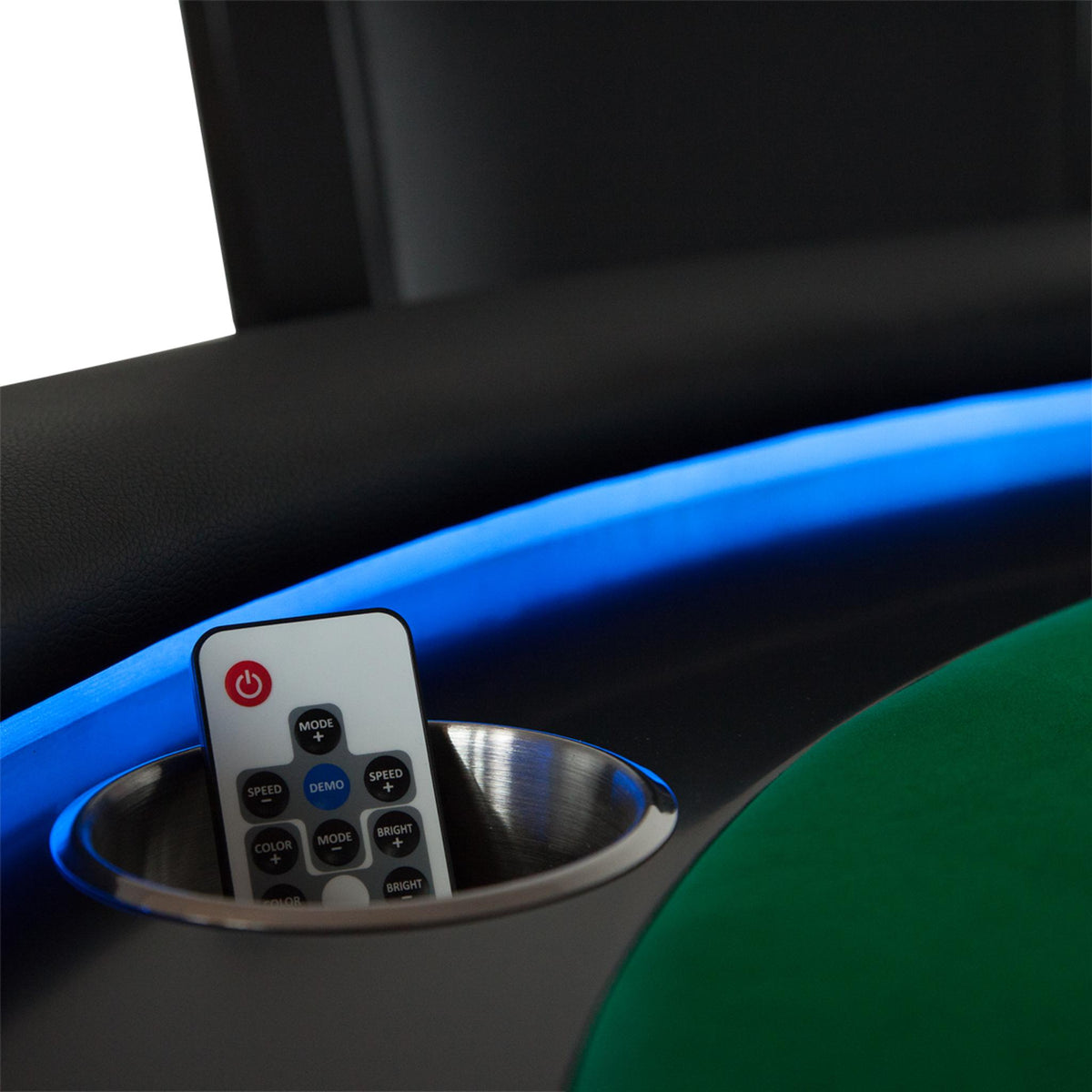 Modern round BBO Poker Tables Ginza Texas Hold’em poker table with green velveteen surface and built-in LED lighting.